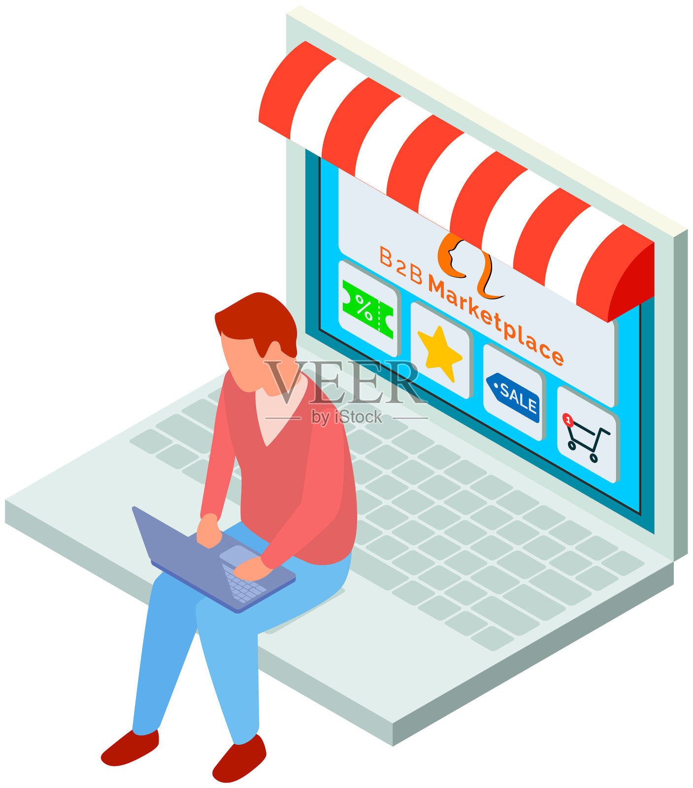 一个带着笔记本电脑的男人在b2b电子商店花钱设计元素图片