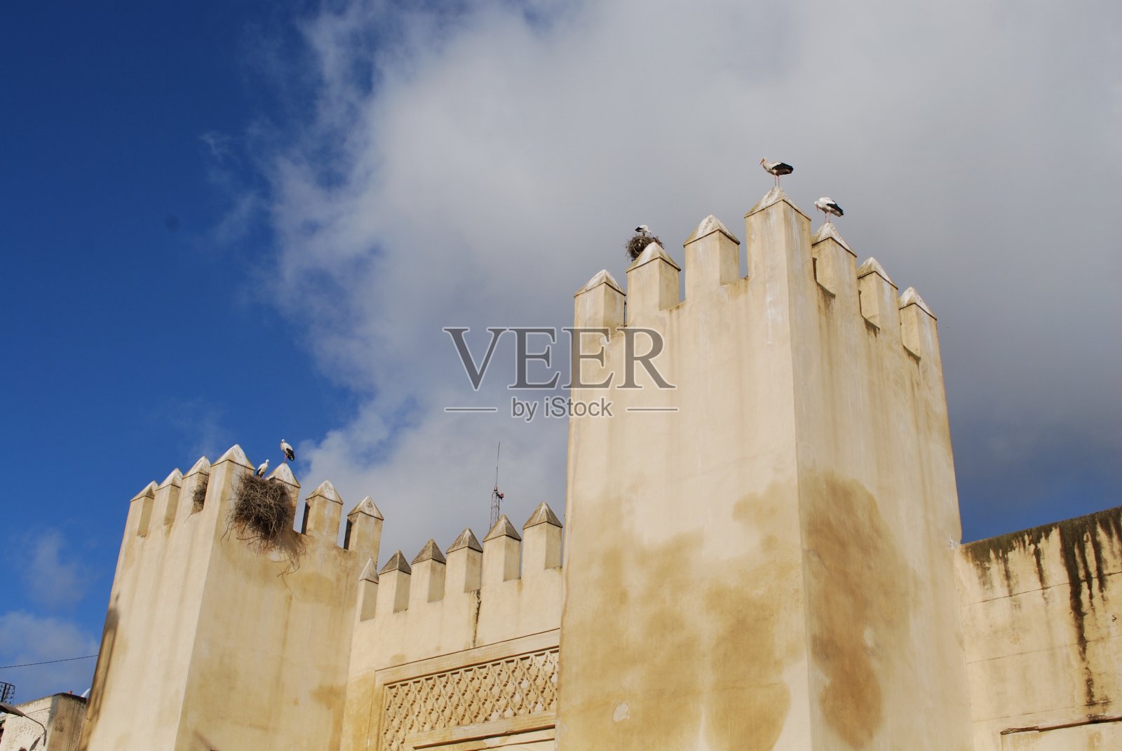 鹳鸟坐在非斯城墙和城门上照片摄影图片