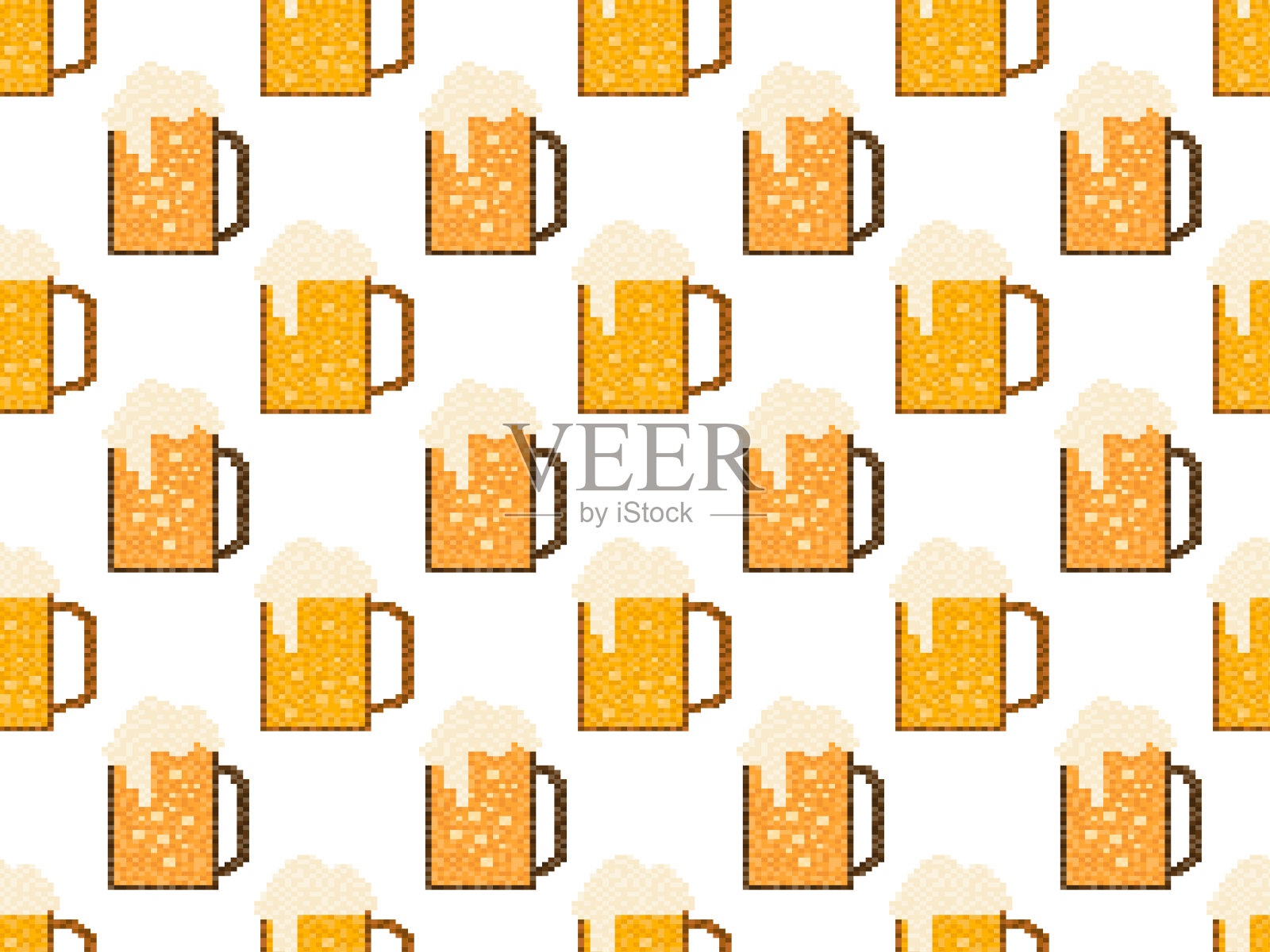 像素啤酒无缝模式。一杯啤酒像素艺术。8位杯,像素饮料。90年代电子游戏的图形风格。为游戏、包装和广告设计。矢量图插画图片素材