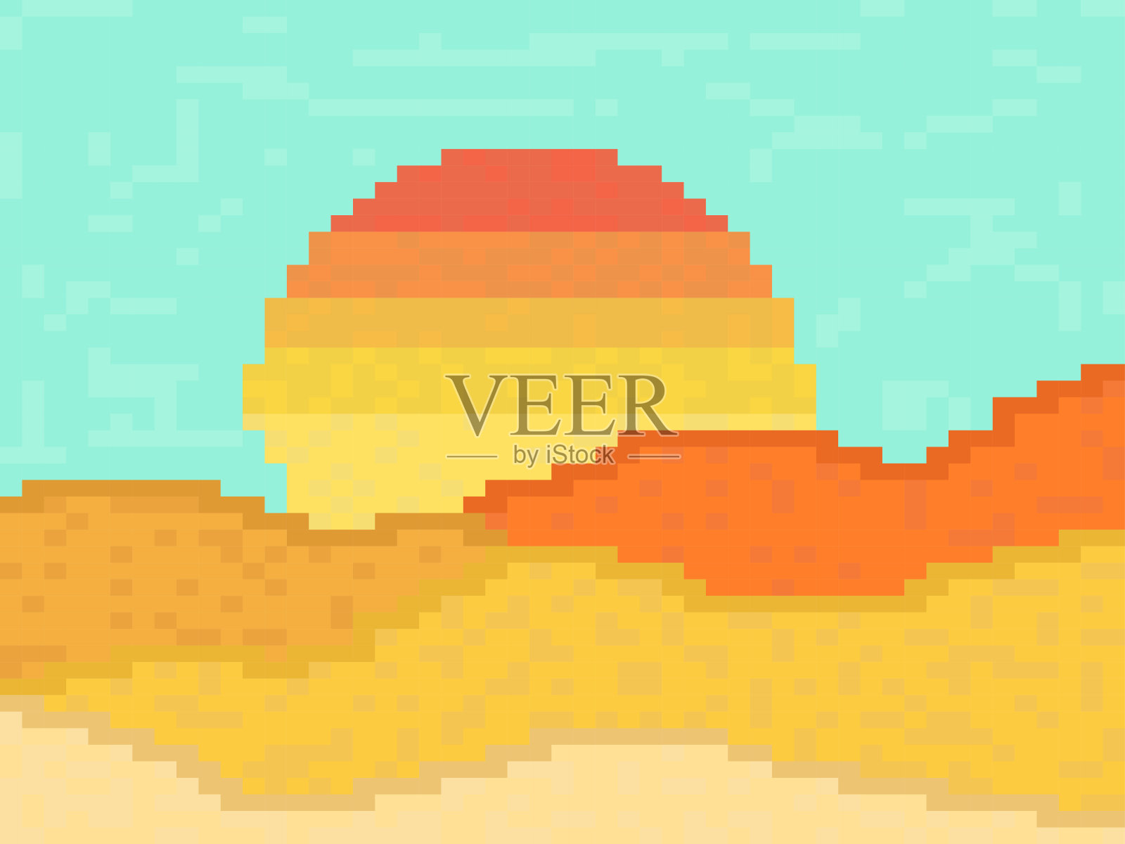 像素景观与山脉和太阳。像素艺术风格的日出山。90年代2D复古8位电子游戏。矢量图插画图片素材