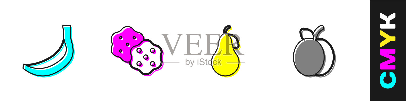 设置香蕉,饼干,梨和李子水果图标。向量插画图片素材