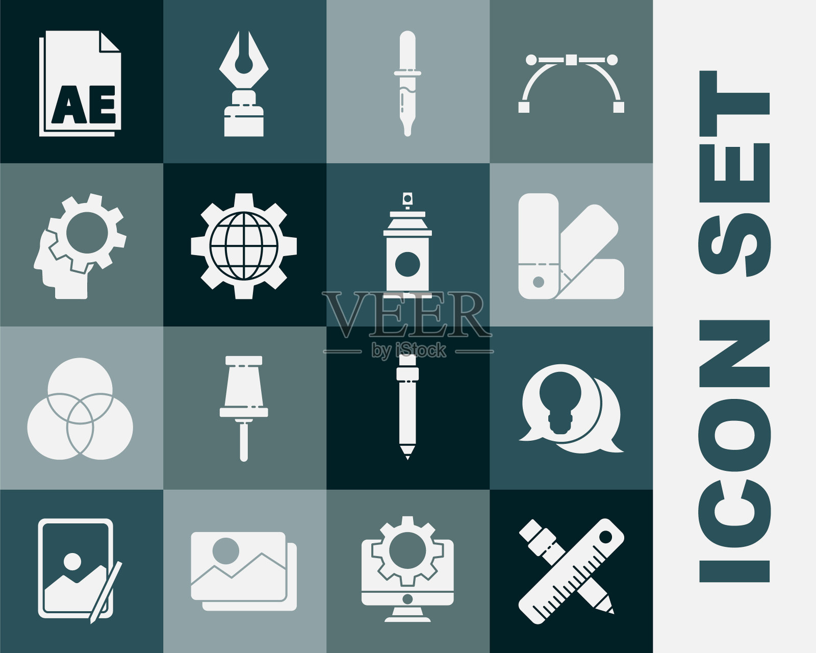 设置交叉尺和铅笔,灯泡与概念的想法,调色板指南,移液器,地球地球仪齿轮,人的头在里面,AE文件文件和喷漆罐图标。向量图标素材