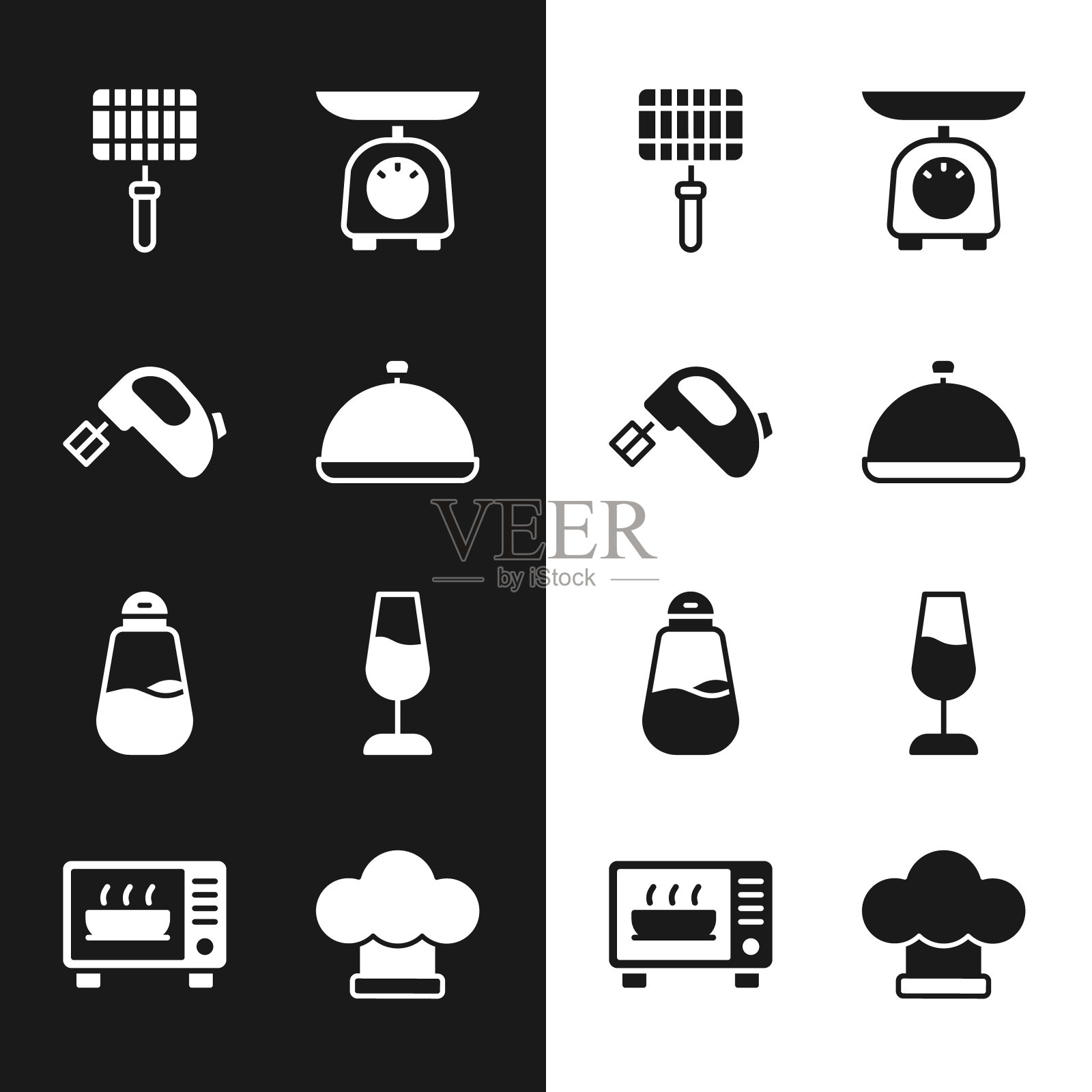 设置覆盖托盘的食物,电动搅拌机,烧烤钢网格,天平,盐,酒杯,厨师帽和微波炉图标。向量图标素材