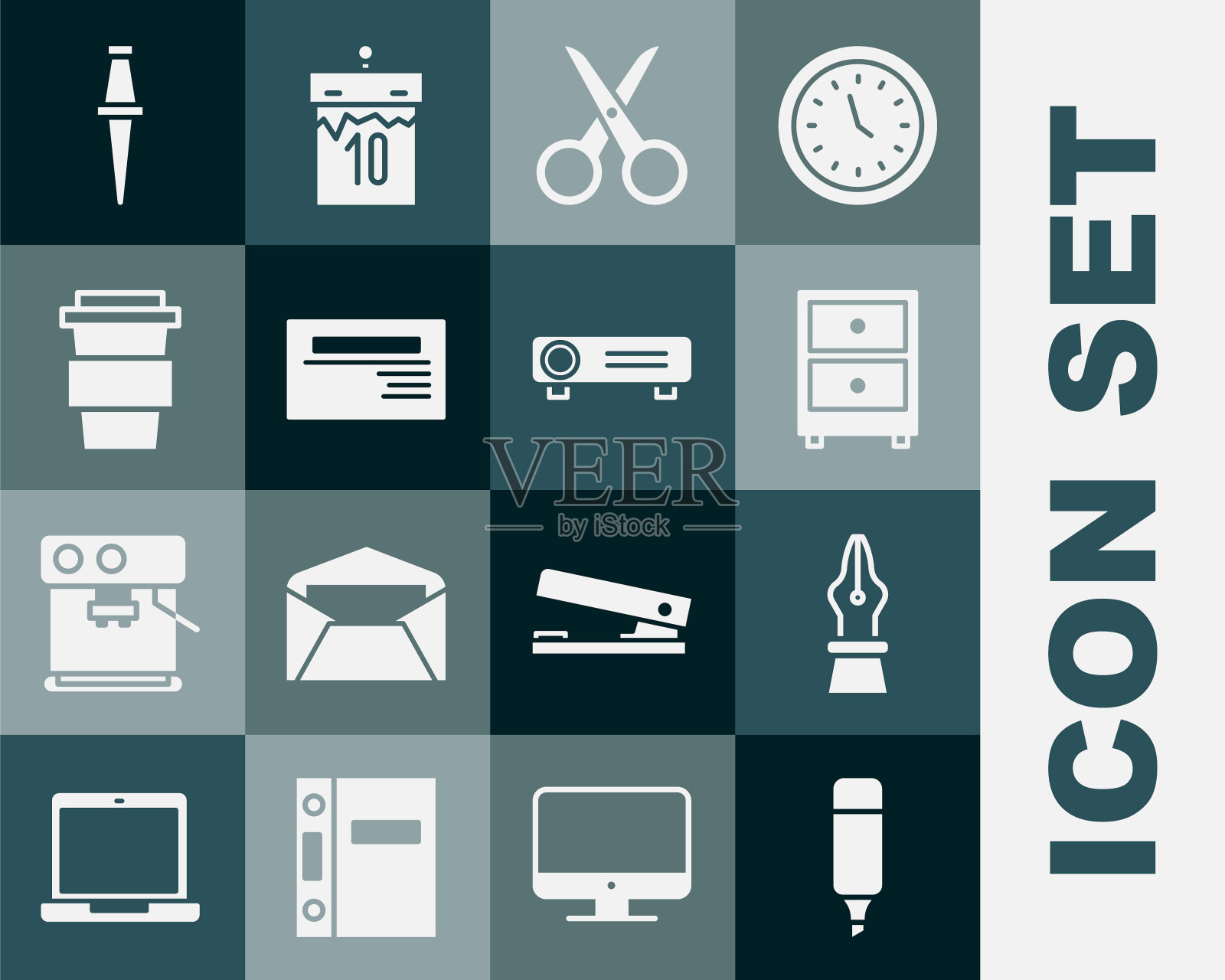 设置标记笔,喷泉笔尖,抽屉文件,剪刀,名片,咖啡杯走,推针和电影,电影,媒体投影仪图标。向量图标素材