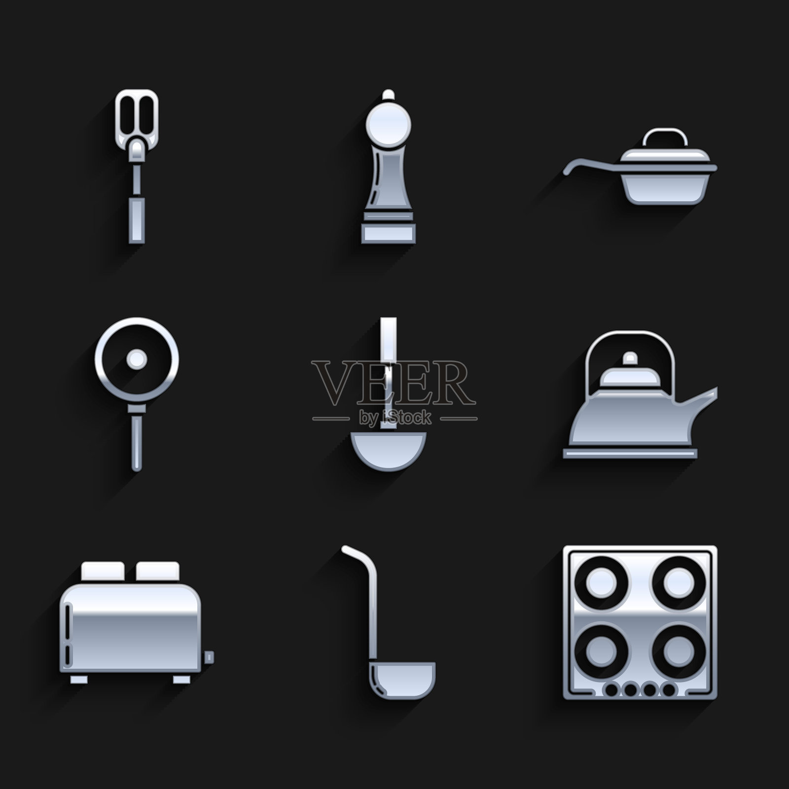 Set Kitchen ladle, Gas stove, Kettle with handle, Toaster toast, Frying pan, and Spatula icon。向量图标素材