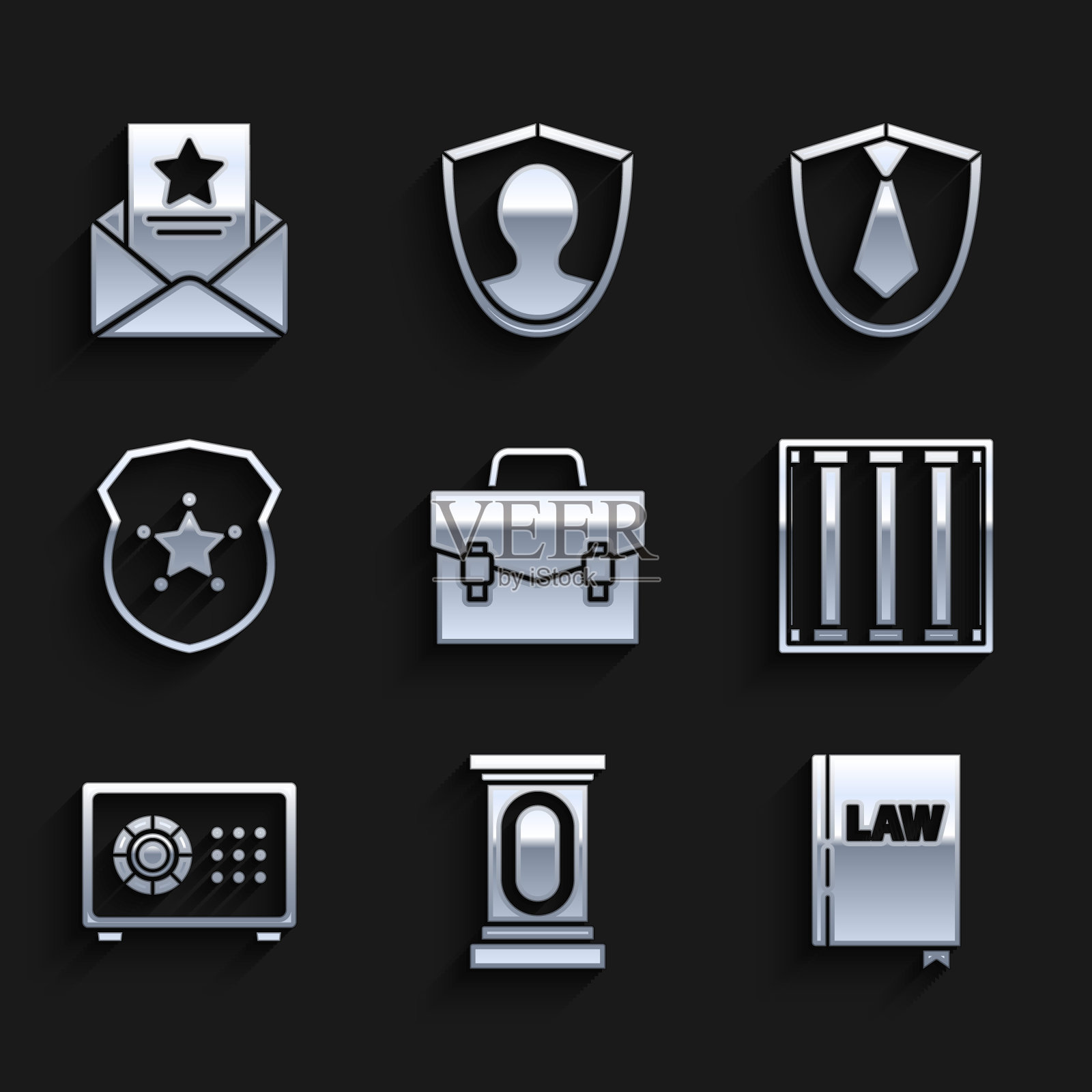 设置公文包,讲台或辩论讲台,法律书,监狱窗口,安全,警察徽章,领带和逮捕令图标。向量图标素材