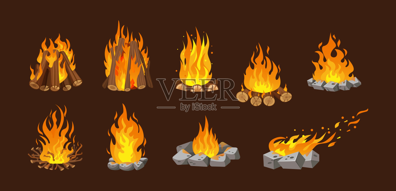 壁炉、营火、篝火不同类型套装。燃烧的火焰在木头上。夜晚室外树枝篝火,柴火火苗,篝火火苗。在木柴和石头上燃烧能量插画图片素材