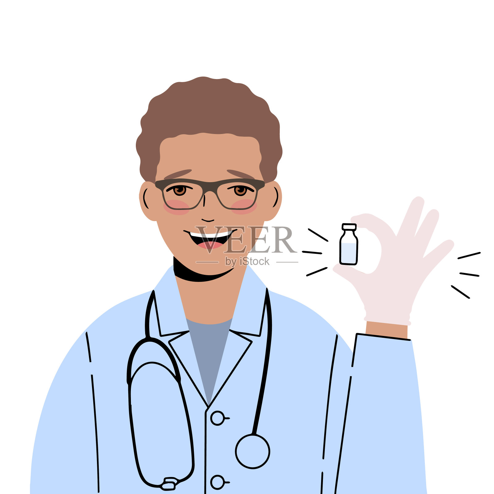 戴眼镜的医生手里拿着一瓶疫苗。插画图片素材