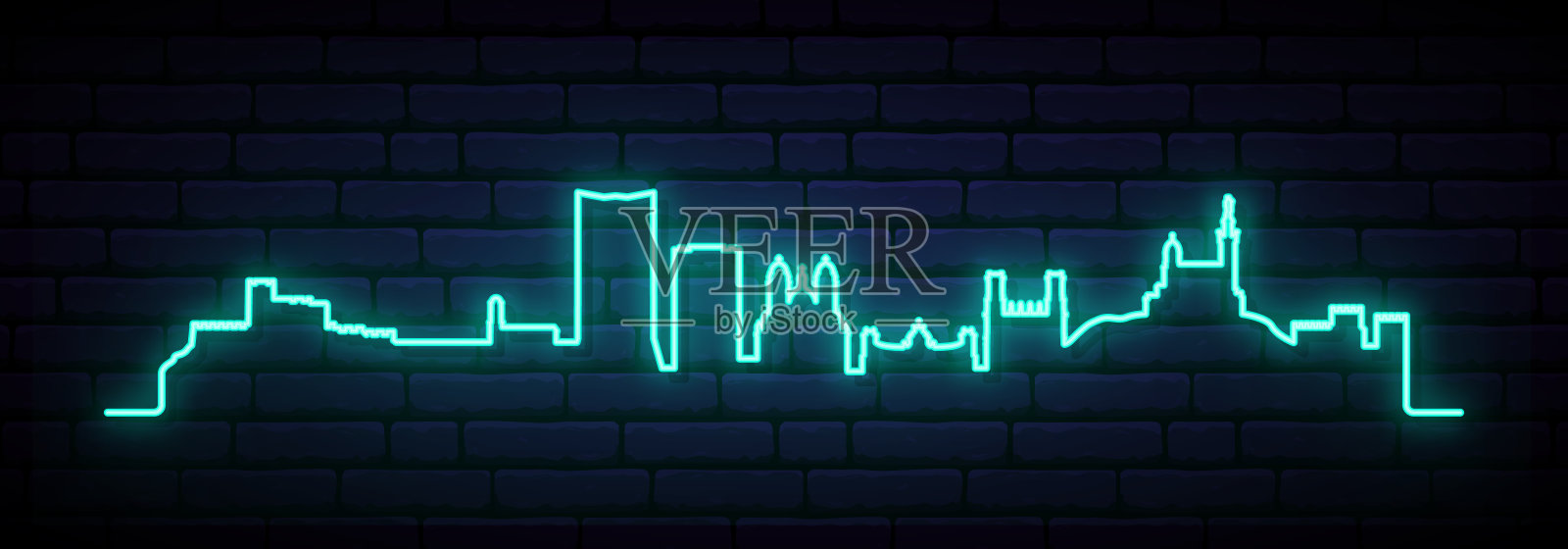 马赛的蓝色霓虹天际线。明亮的马赛长横幅。矢量插图。插画图片素材