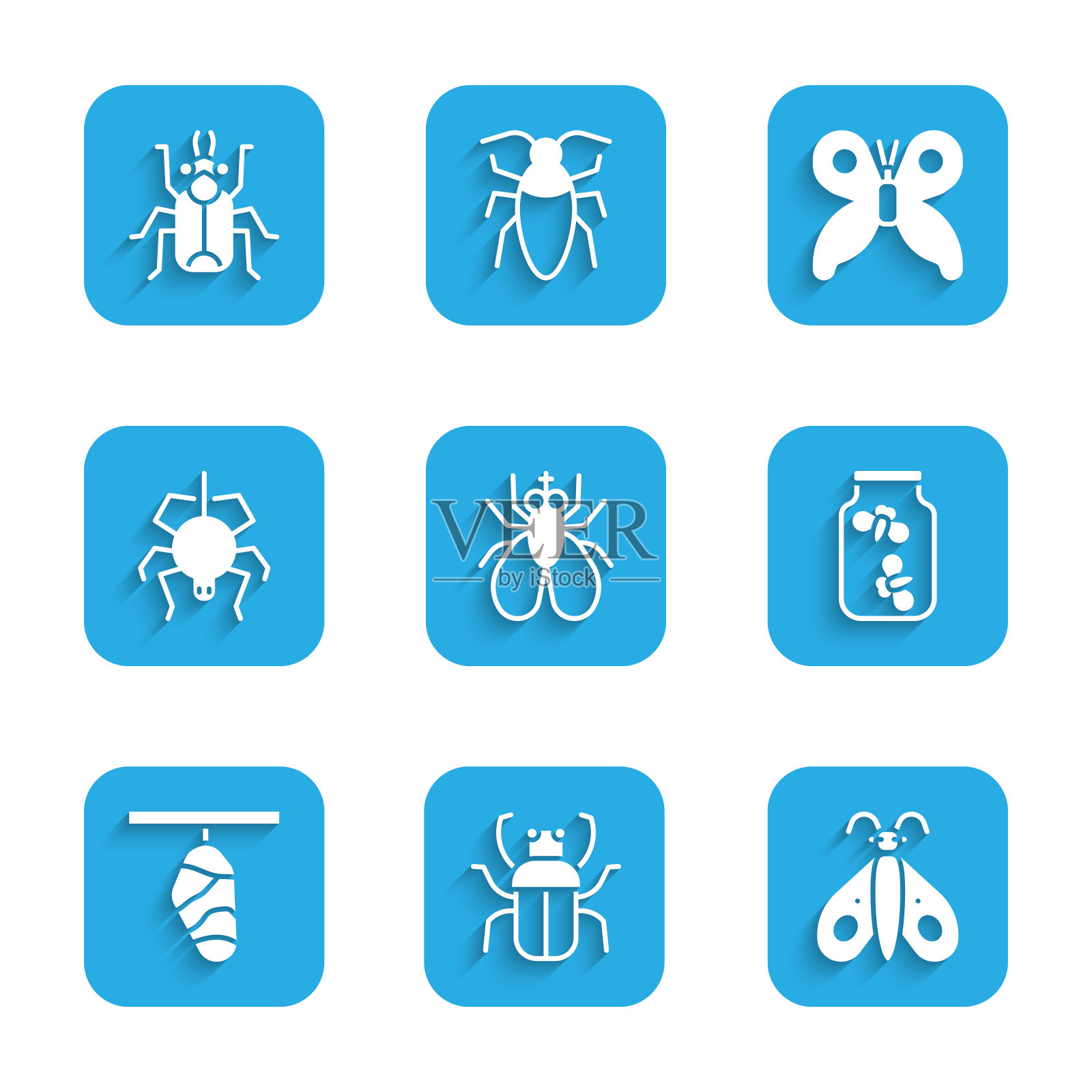 设置昆虫飞,臭虫,蝴蝶,萤火虫虫子一个罐子,茧,蜘蛛,甲虫图标。向量图标素材