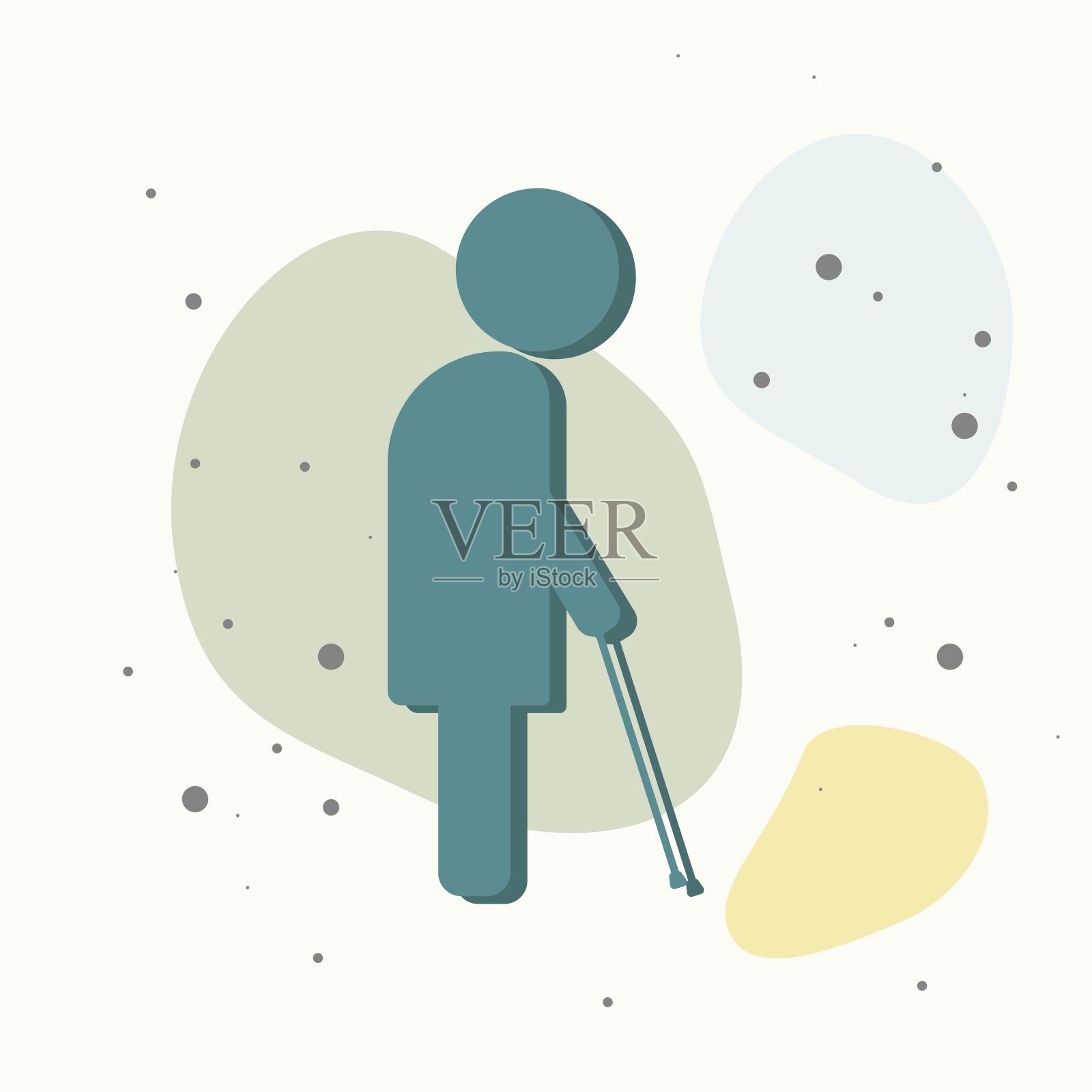 一个老人的矢量图像。这位老人拄着拐杖在五彩缤纷的背景下行走。插画图片素材