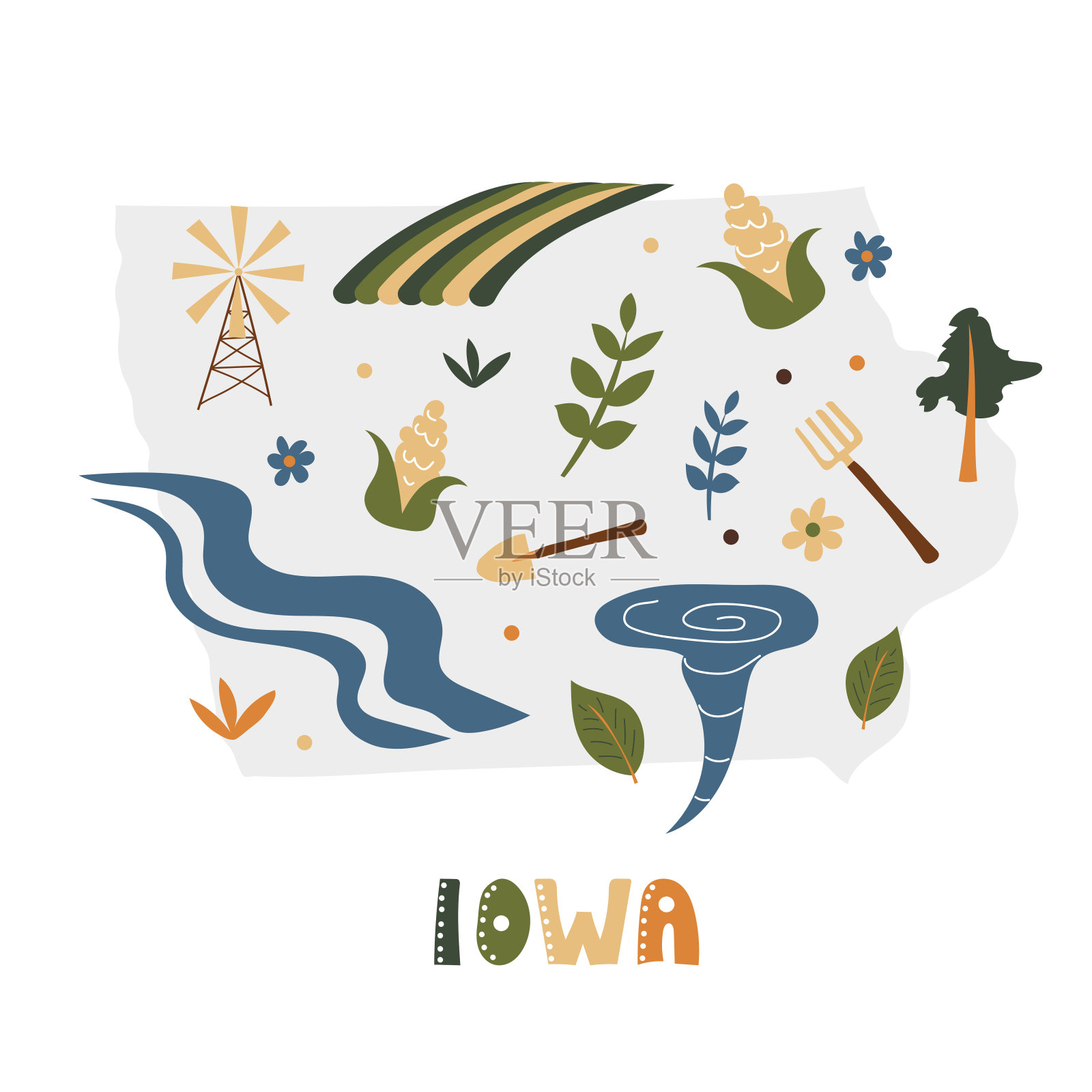 美国地图收藏。灰色州剪影上的州标志-爱荷华州插画图片素材