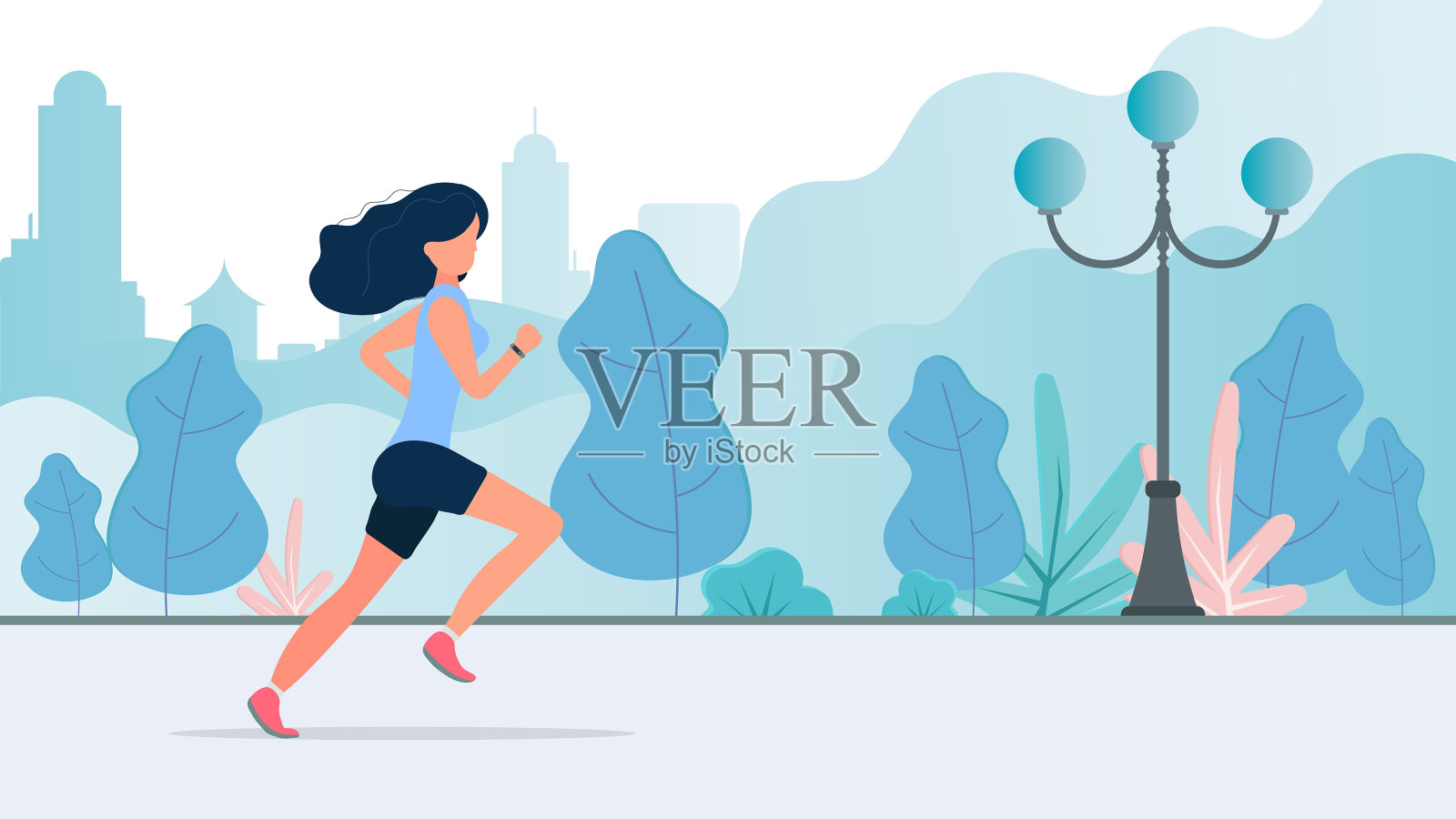 女孩穿过公园晨跑插画图片素材