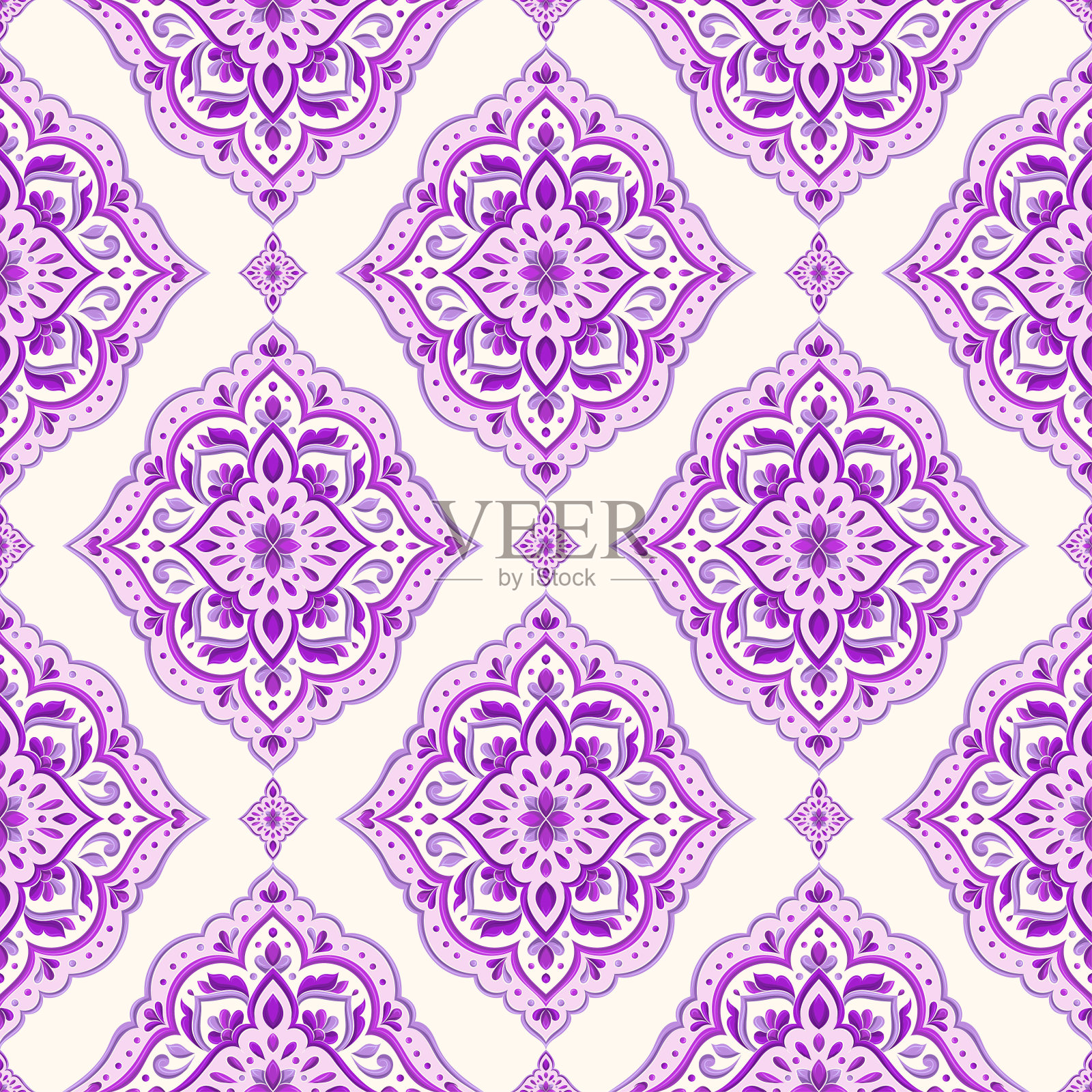 紫色和白色无缝的图案与曼陀罗点缀。传统阿拉伯语,印度主题。非常适合织物和纺织品,墙纸,包装或任何想要的想法。插画图片素材
