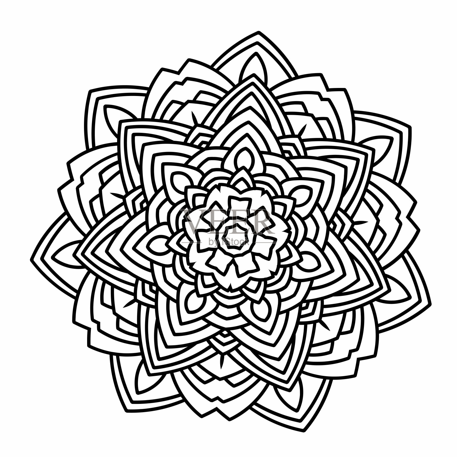 曼荼罗圆形涂色书。装饰饰品。花的形状。东方媒介,抗压力疗法。织设计元素。瑜伽标志向量。黑色图标孤立在白色背景。插画图片素材