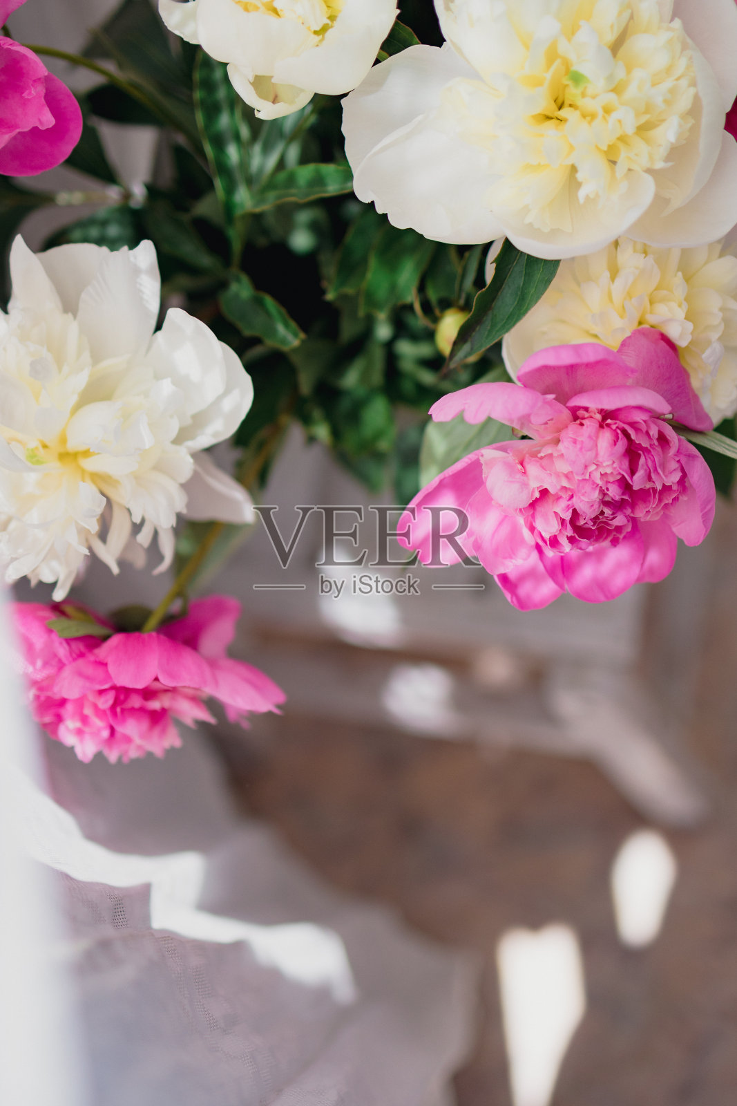 透明的玻璃花瓶里有一束新鲜的白色和粉红色的牡丹,在白色窗帘薄纱旁有美丽的影子,模糊照片摄影图片