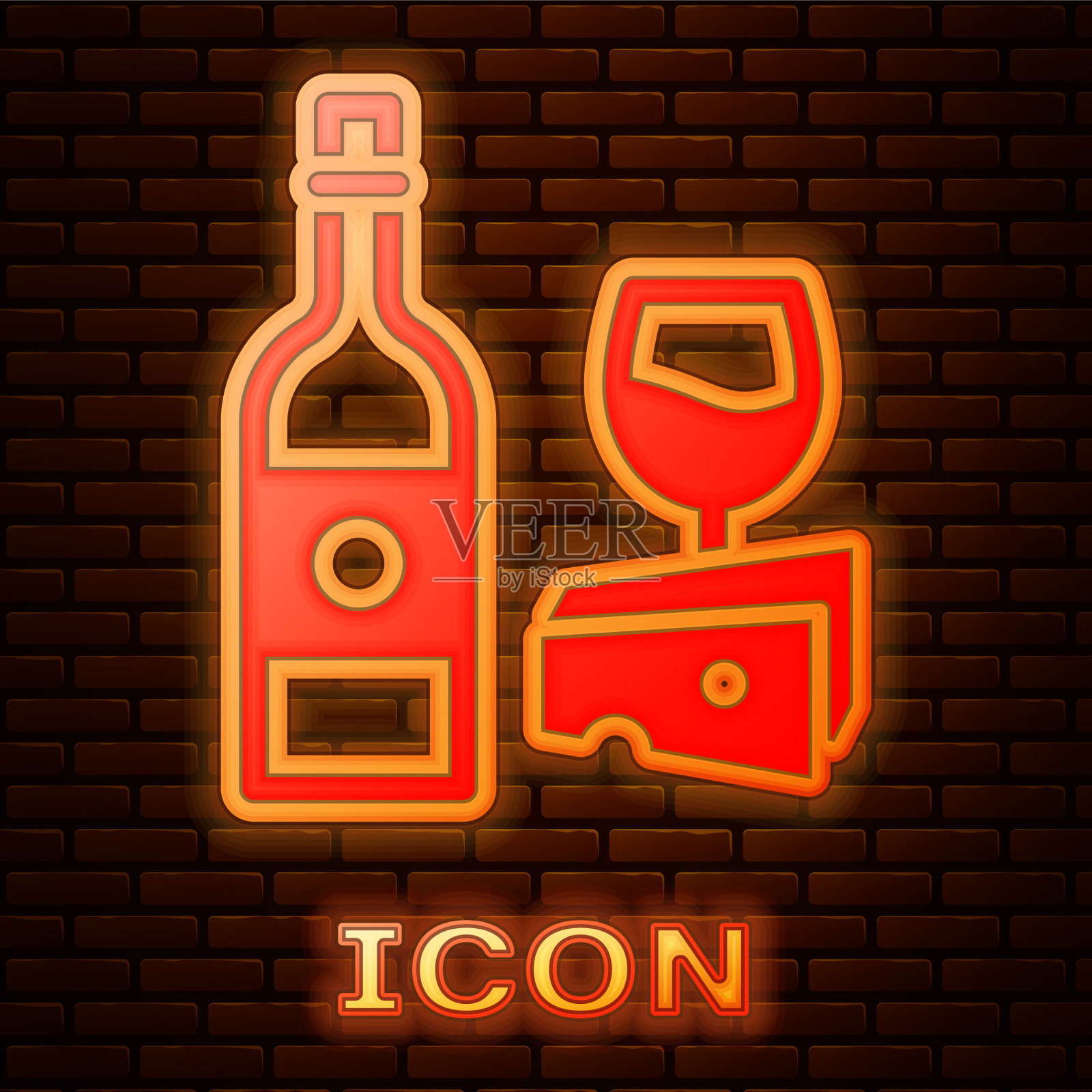 发光的霓虹灯酒瓶与玻璃和奶酪图标素材