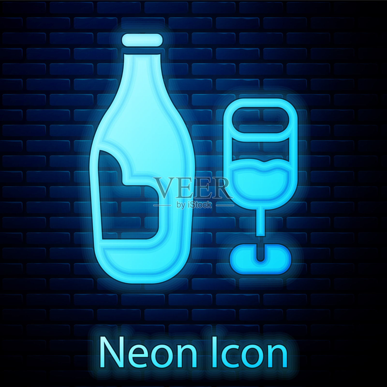 霓虹灯酒瓶与玻璃图标隔离插画图片素材