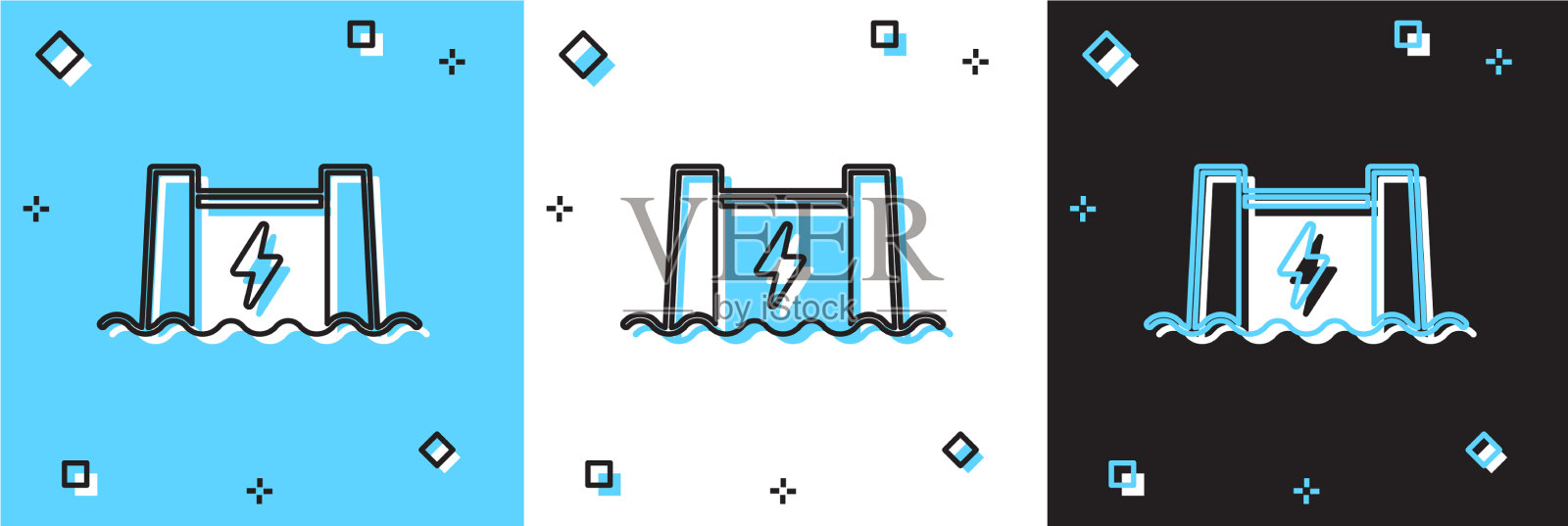 设置水电大坝图标孤立在蓝色和插画图片素材