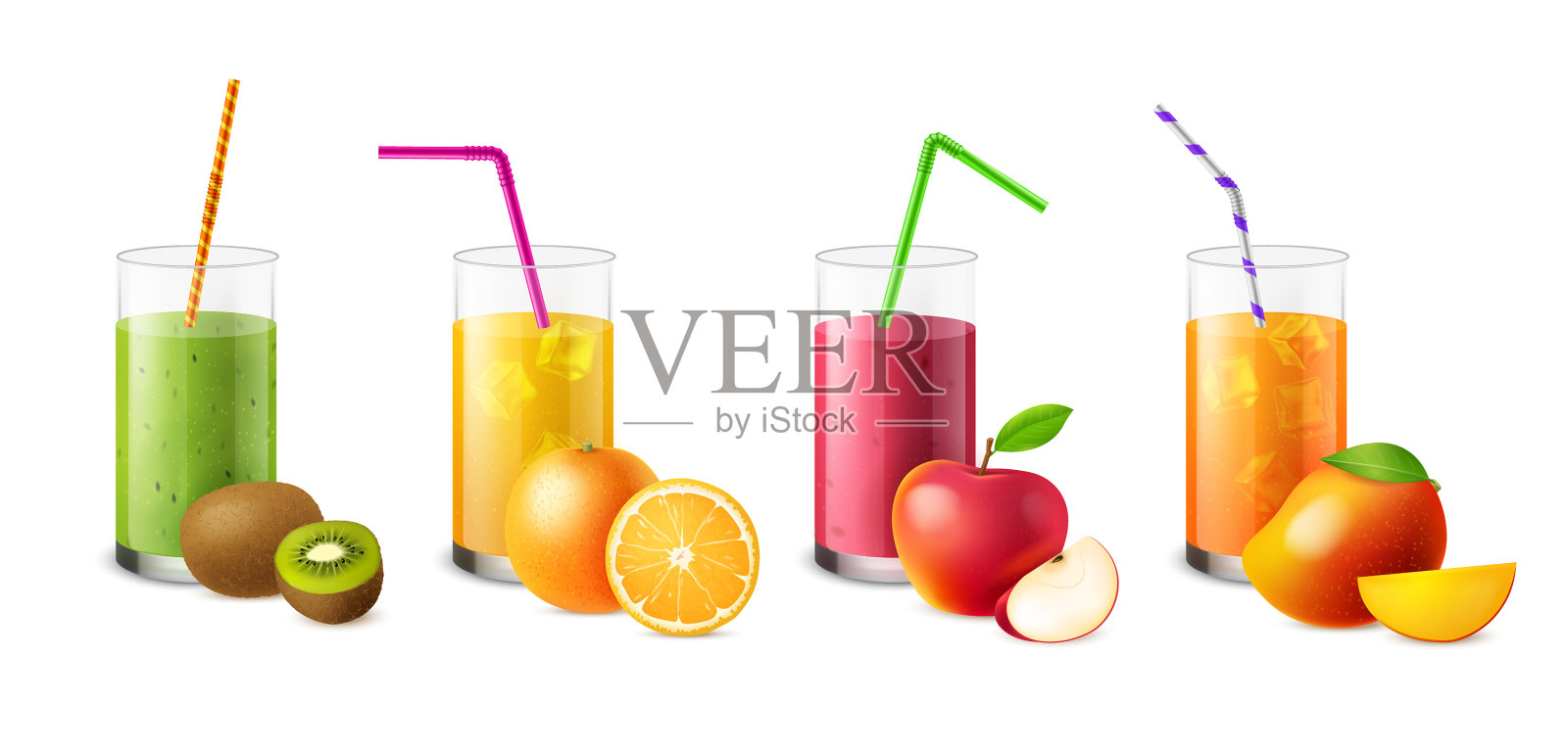 水果冰沙与果汁和现实的玻璃杯插画图片素材