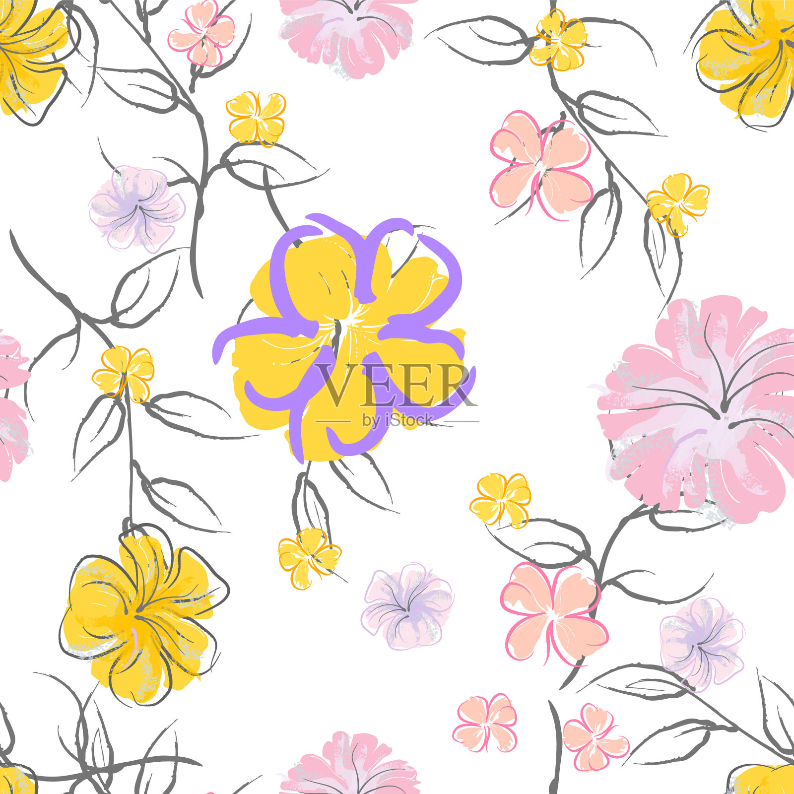 粉红色花朵盛开的图案粉彩水彩插画图片素材