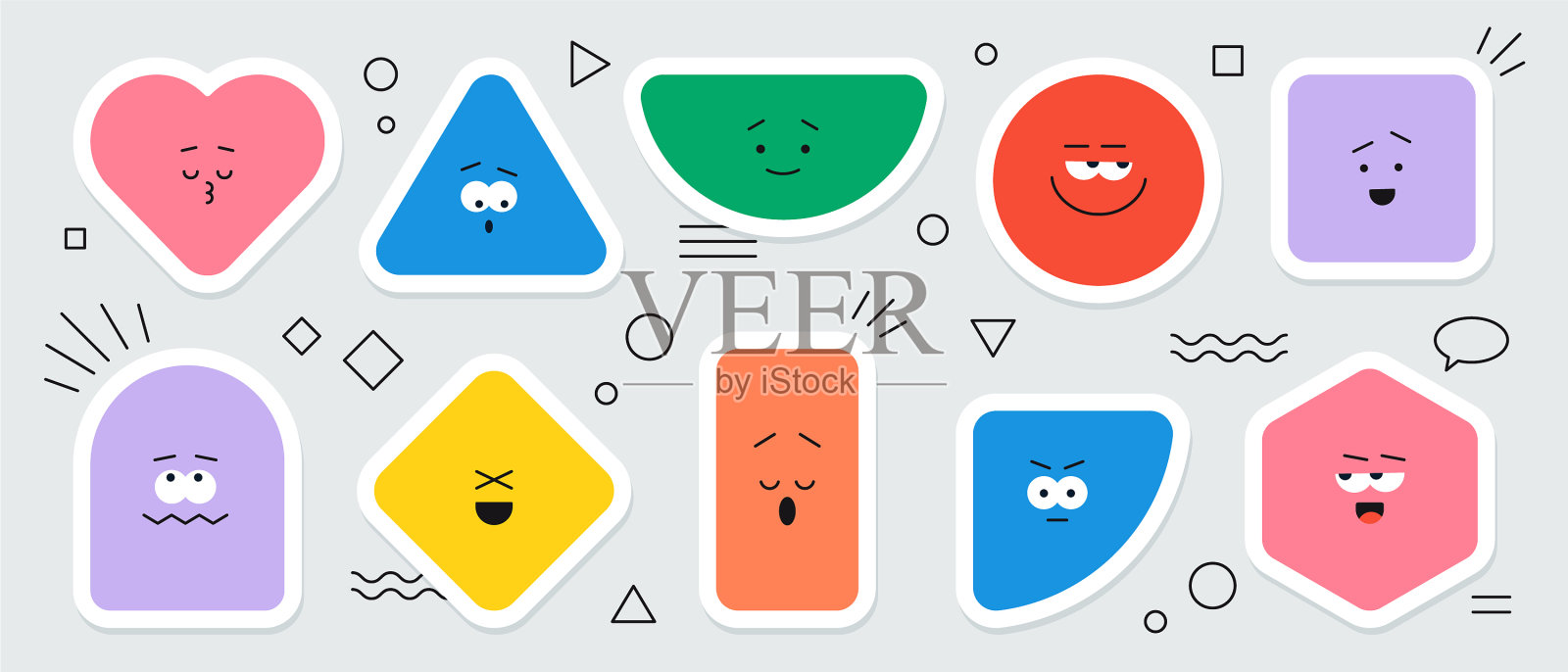 几何贴纸与不同的脸图标素材