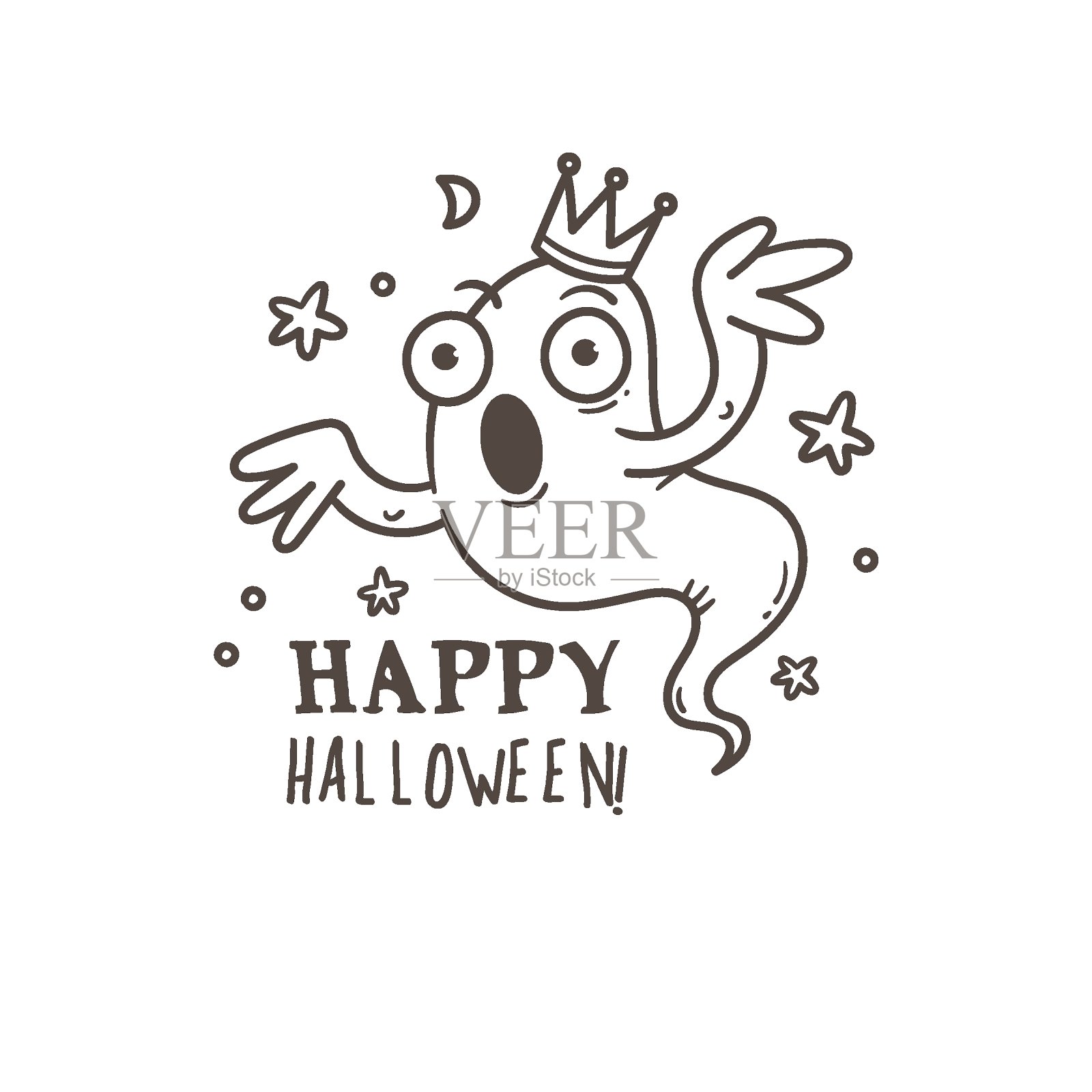 可爱的卡通鬼涂鸦卡。令人难以置信的虚构人物。万圣节的海报。向量轮廓图像。插画图片素材