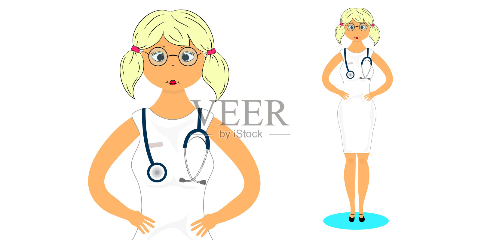 漂亮的年轻女医生带着听诊器。矢量插图。插画图片素材