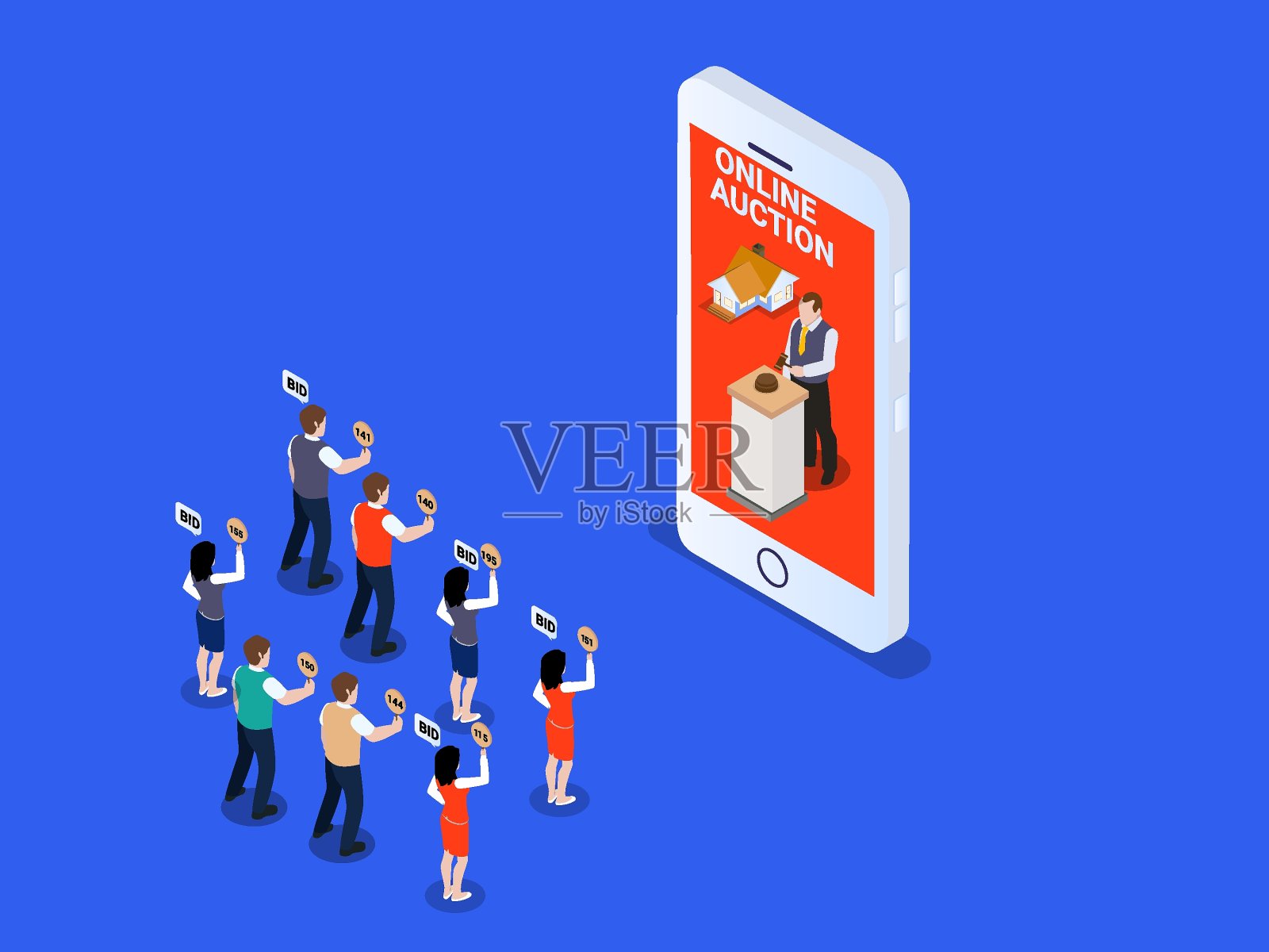 手机应用程序上的在线房地产拍卖插画图片素材