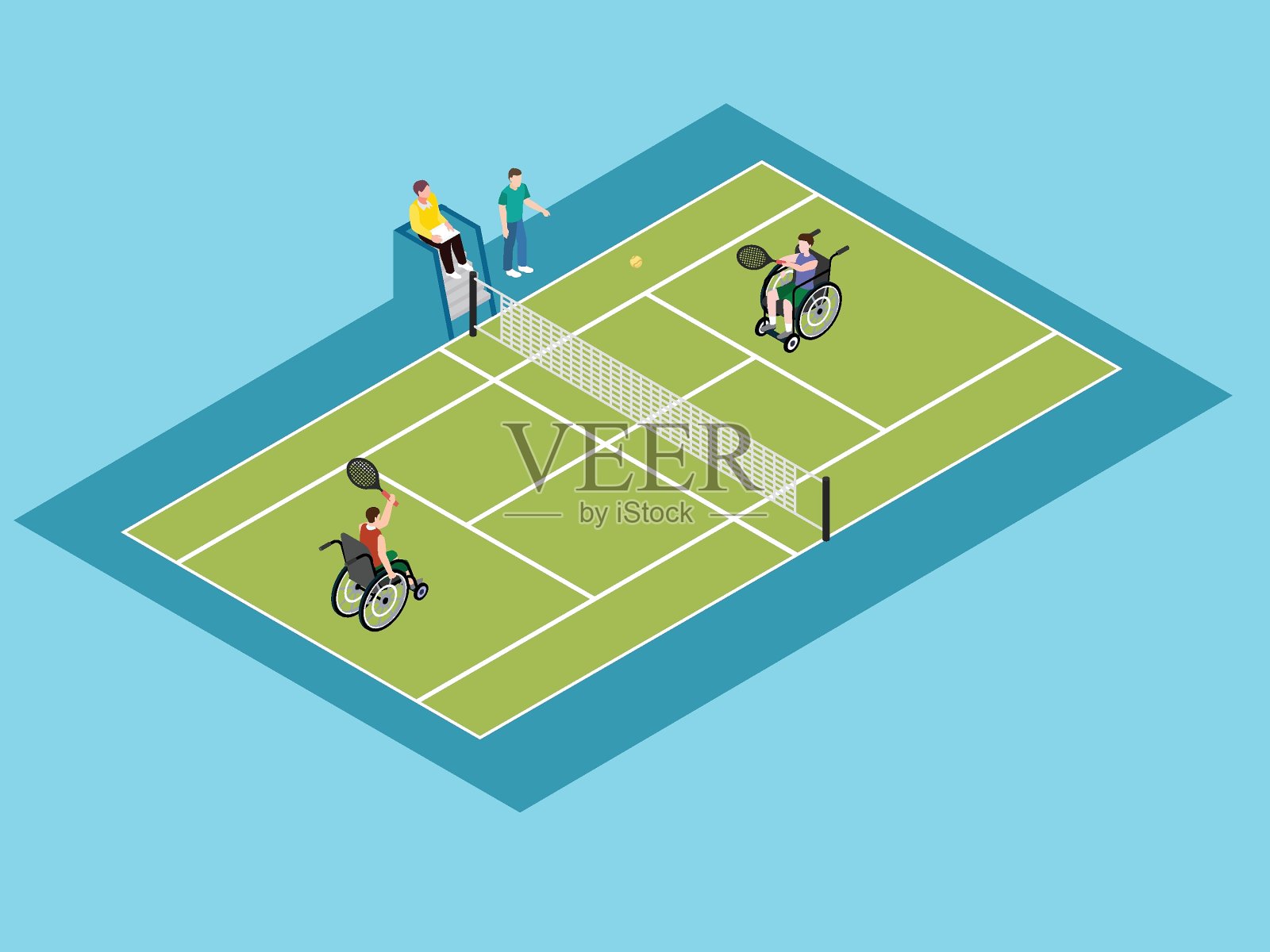 残疾人坐在轮椅上打网球插画图片素材
