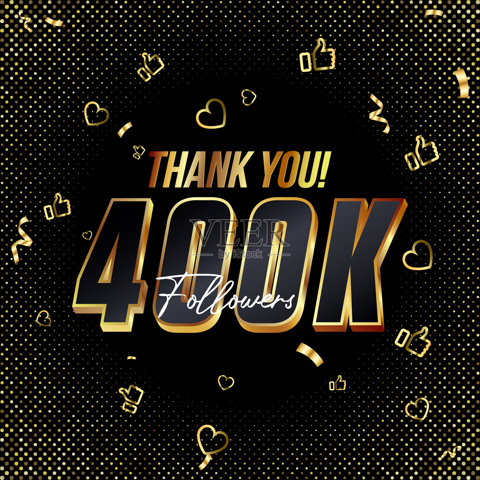 感谢40万粉丝,3d金色和黑色字体,还有五彩纸屑。矢量插图数字为社会媒体40万或40万粉丝,博主感谢,庆祝订阅者和喜欢。插画图片素材