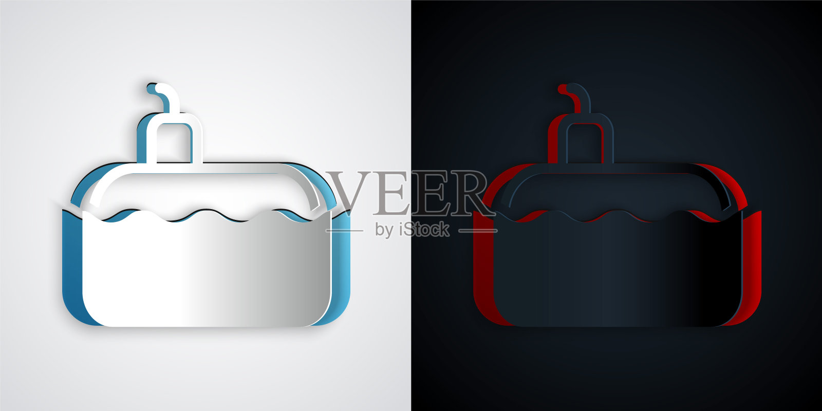 剪纸潜艇图标孤立在灰色和黑色的背景。军事船舶。纸艺术风格。向量插画图片素材