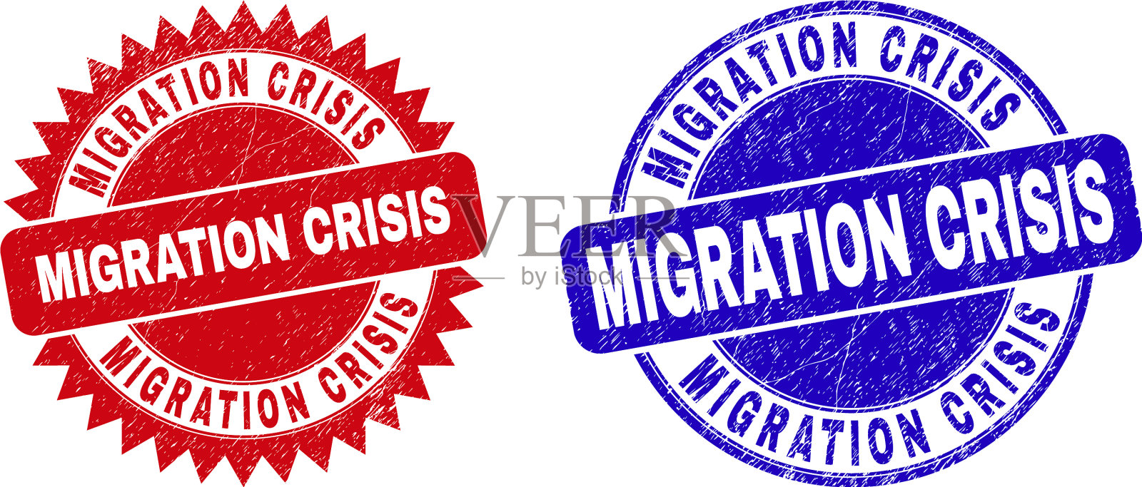移民危机圆形印章和玫瑰花形印章插画图片素材