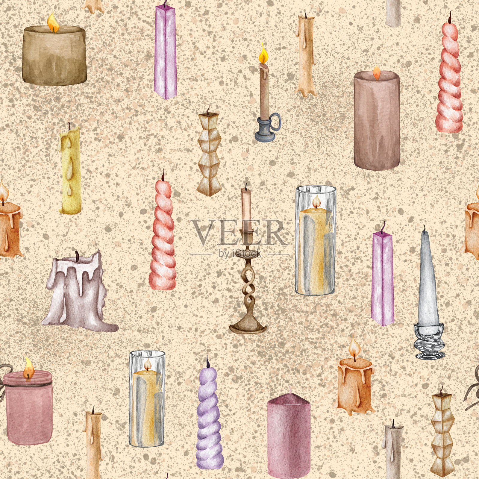 水彩无缝万圣节符号背景,蜡烛无缝图案。彩色的背景插画图片素材