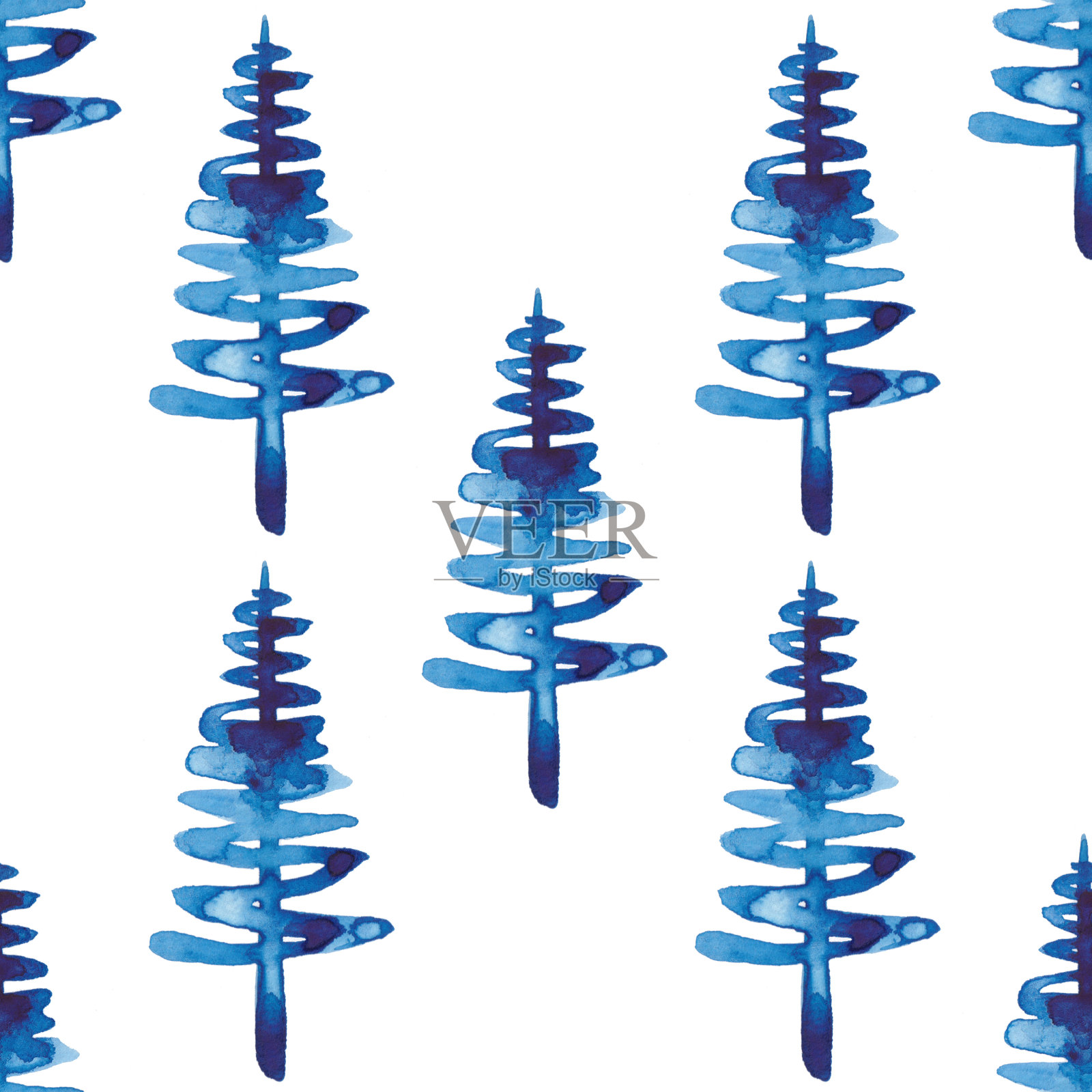 圣诞节水彩冷杉树无缝模式在蓝色。手绘云杉松树背景或墙纸装饰,包装或圣诞节装饰插画图片素材