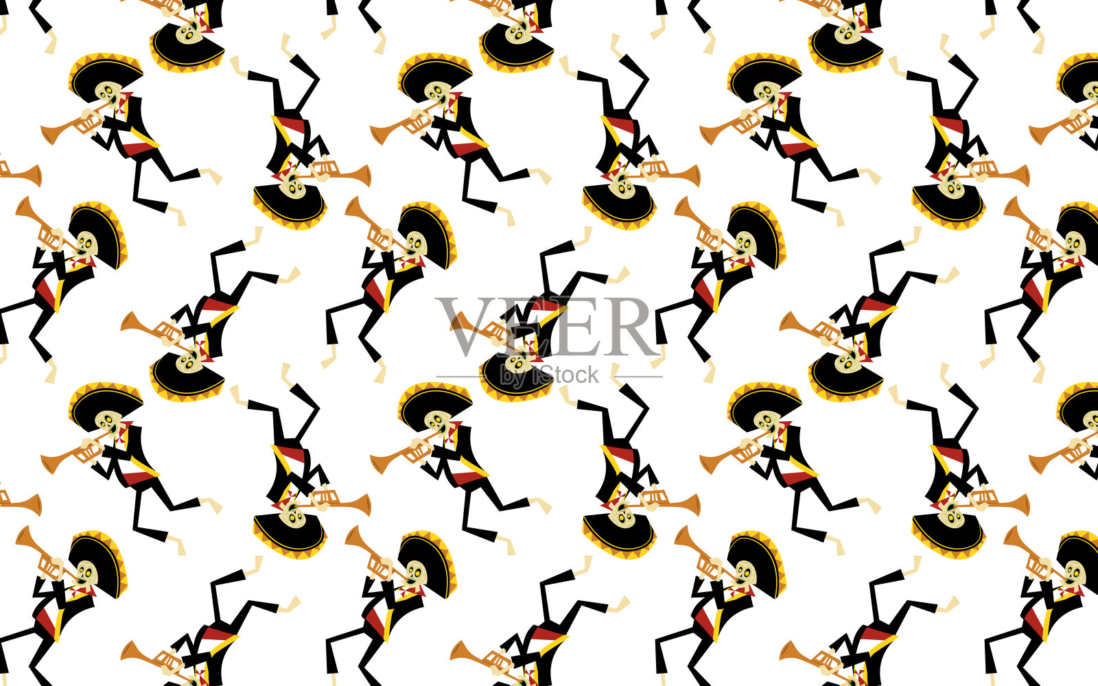 墨西哥亡灵节吹小号。无缝图案瓷砖背景。插画图片素材