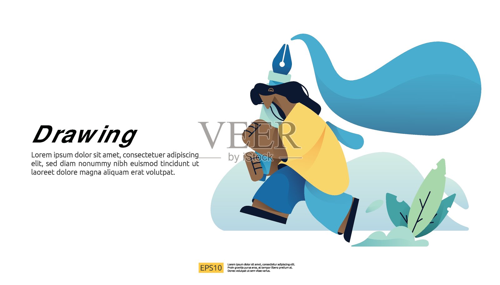 人物性格手持巨幅画笔。数字设计师工作和艺术概念。平面设计矢量插图登陆页设计模板素材