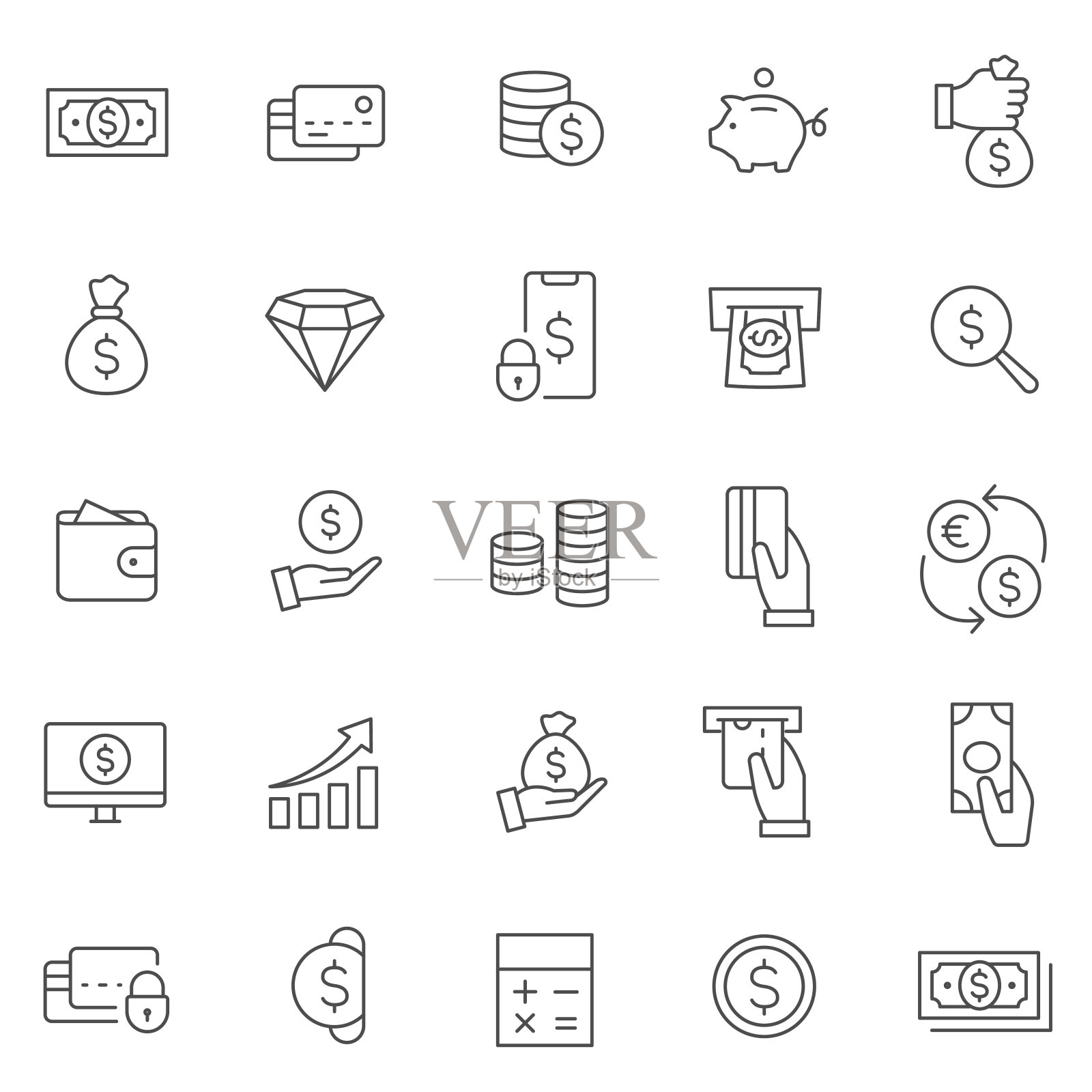金钱线图标设置。财务图标简洁明了。可编辑的中风。手里拿着硬币、钱袋和美元。包含- ATM,小猪银行,信用卡,硬币,钱包,图表和更多-股票矢量。图标素材