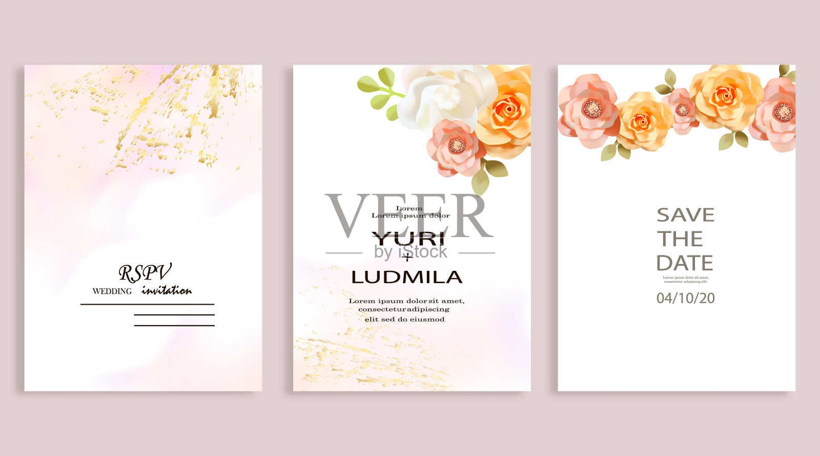 灰粉色和象牙米色玫瑰,淡绣球花,蕨类,大丽花,毛茛,落叶束花请柬。插画图片素材