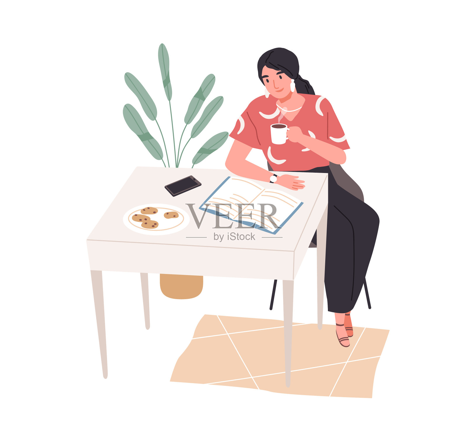 年轻女子坐在桌边,端着咖啡杯设计元素图片