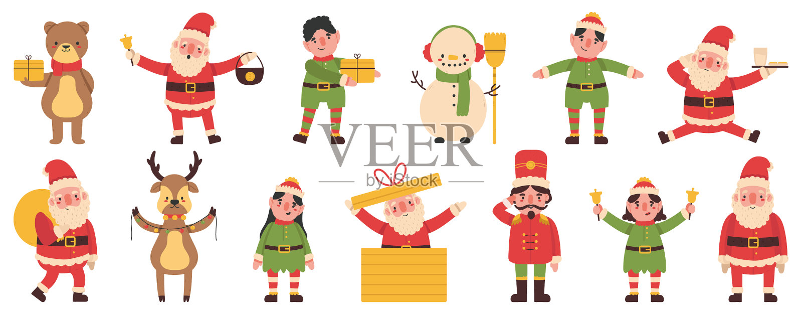圣诞精灵,雪人和驯鹿,圣诞老人插画图片素材