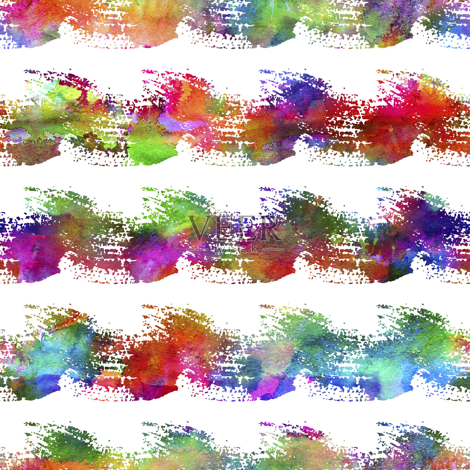 水彩刷条纹无缝图案在彩虹颜色的几何设计。现代笔触Grung拼贴背景为孩子织物和纺织品插画图片素材