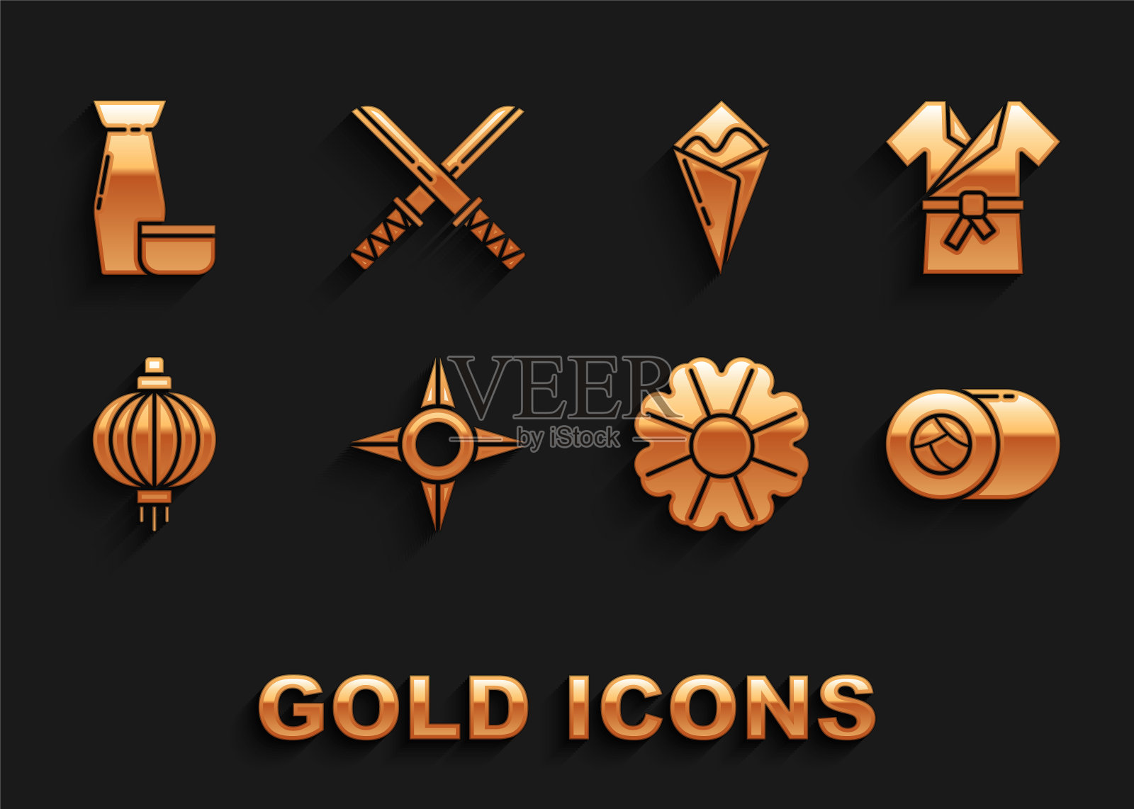 集日本忍者飞镖,服装和服,寿司,花,纸灯笼,Temaki卷,传统茶道和武士刀图标。向量图标素材