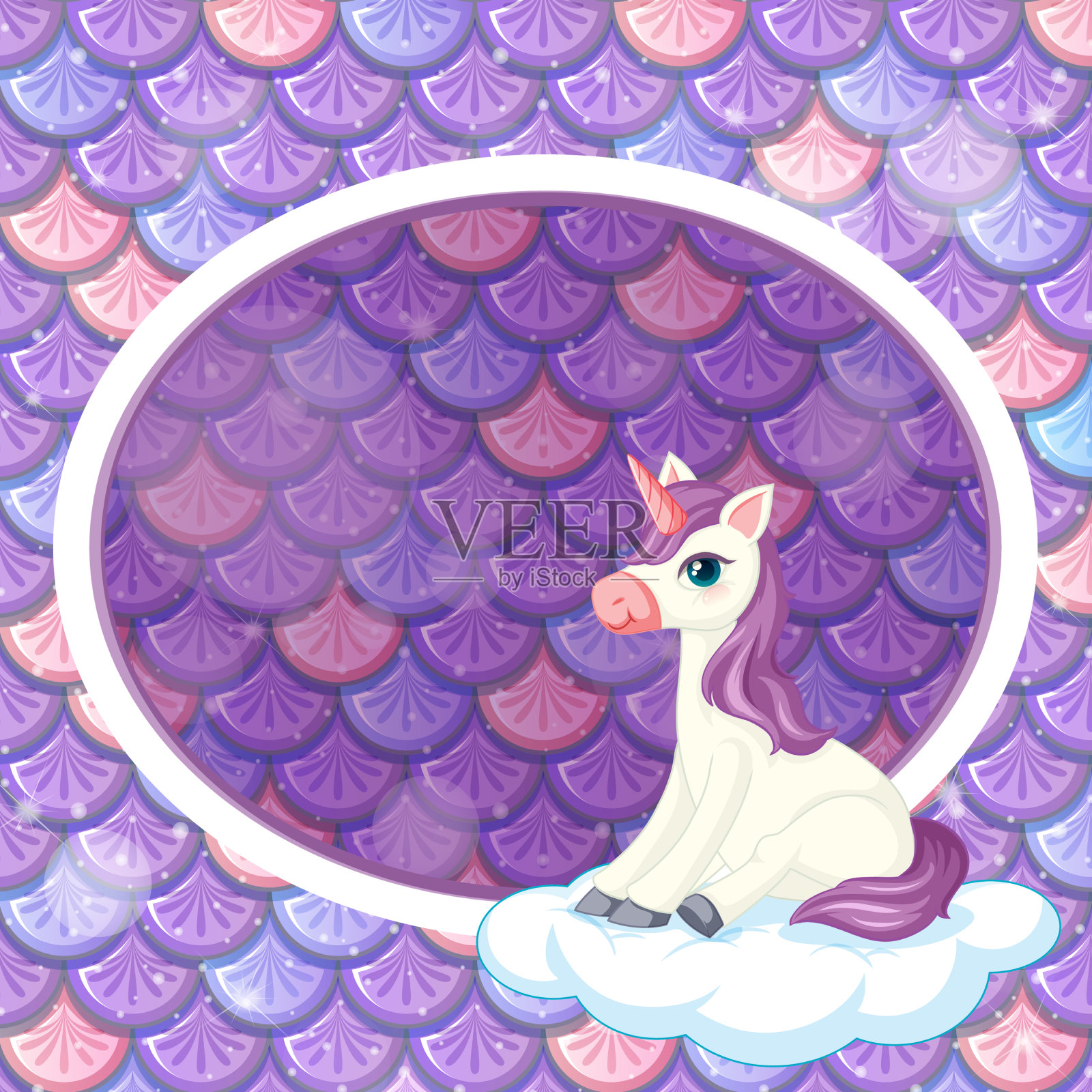 椭圆形框架模板上的紫色鱼鳞插画图片素材