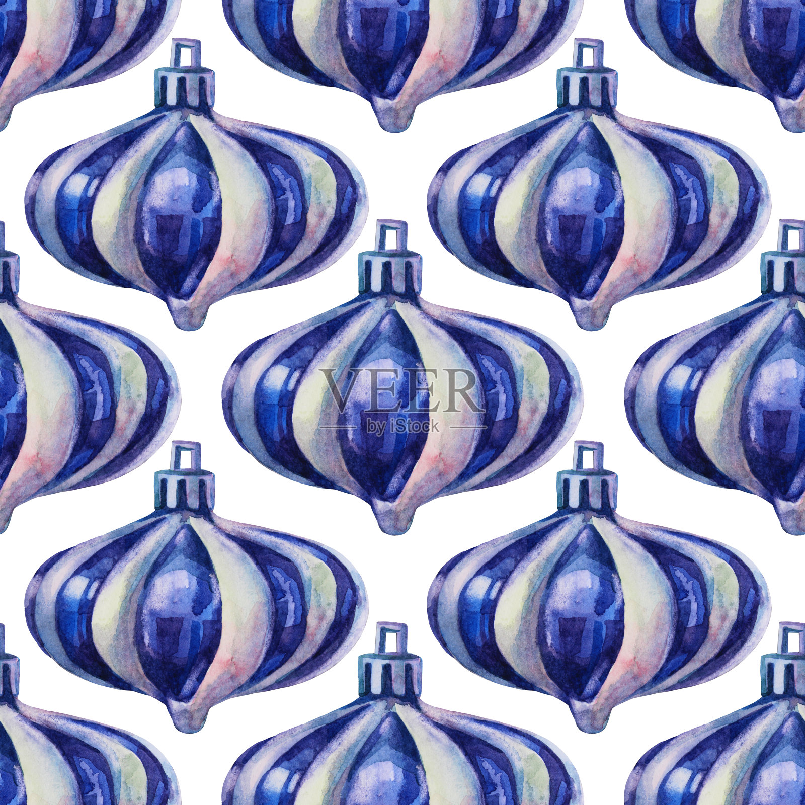 无缝图案水彩手绘蓝、白、银光闪闪的圣诞装饰球上白。创意玩具背景为新年,派对,庆祝,墙纸,包装,写生本插画图片素材