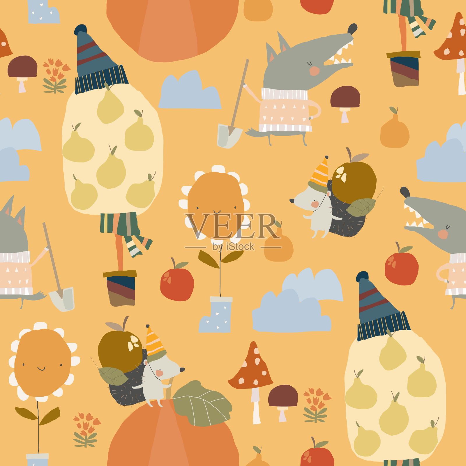 有趣的动物和秋季元素的无缝模式插画图片素材