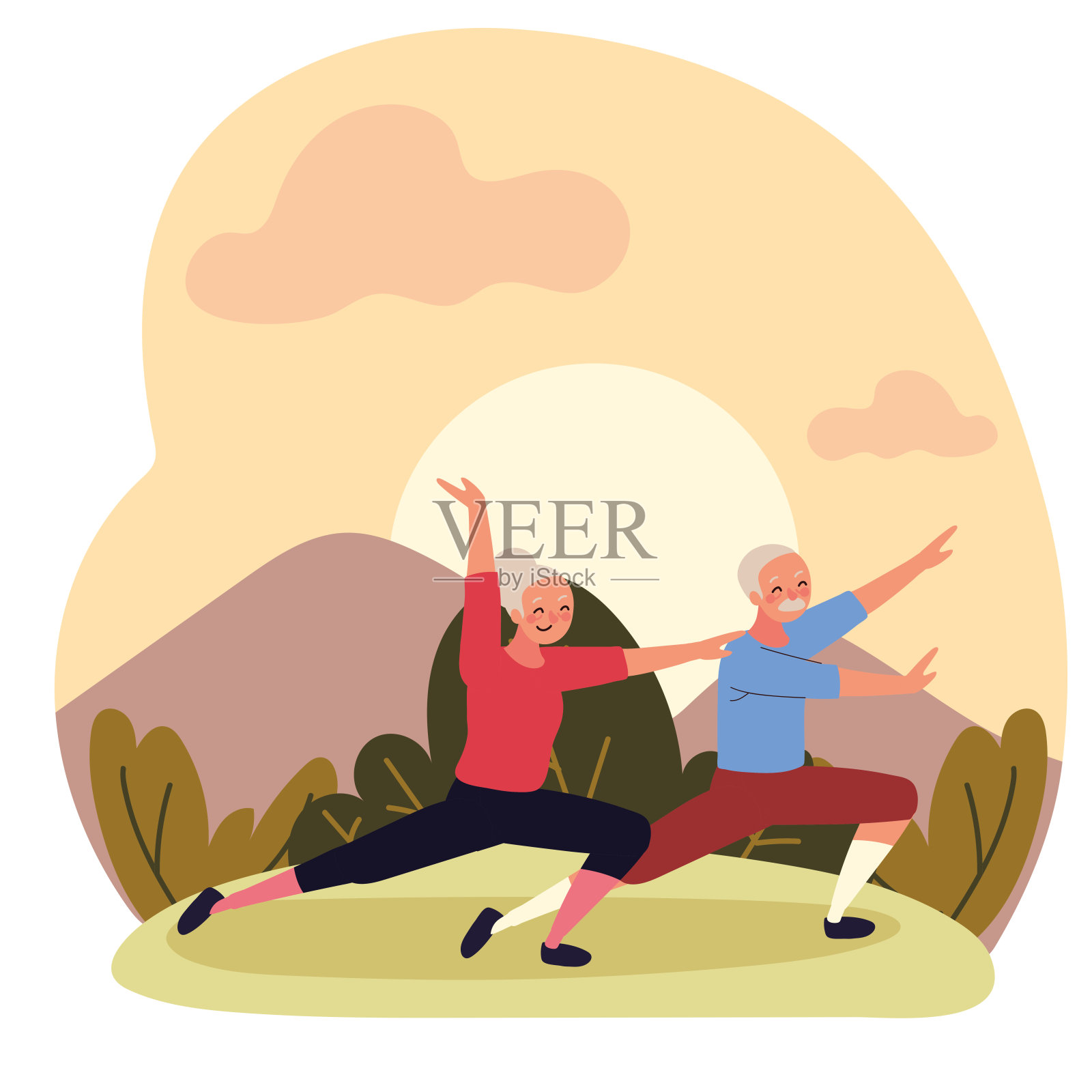 老夫妻做瑜伽插画图片素材