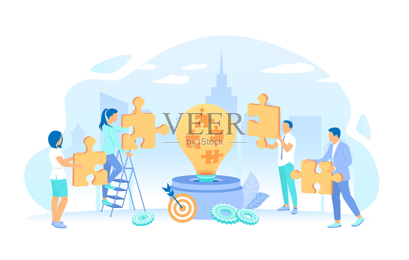 人们把拼图放进一个大灯泡里。社会创新,理念,战略,技术。工作流程,团队沟通。矢量插图平面风格。插画图片素材