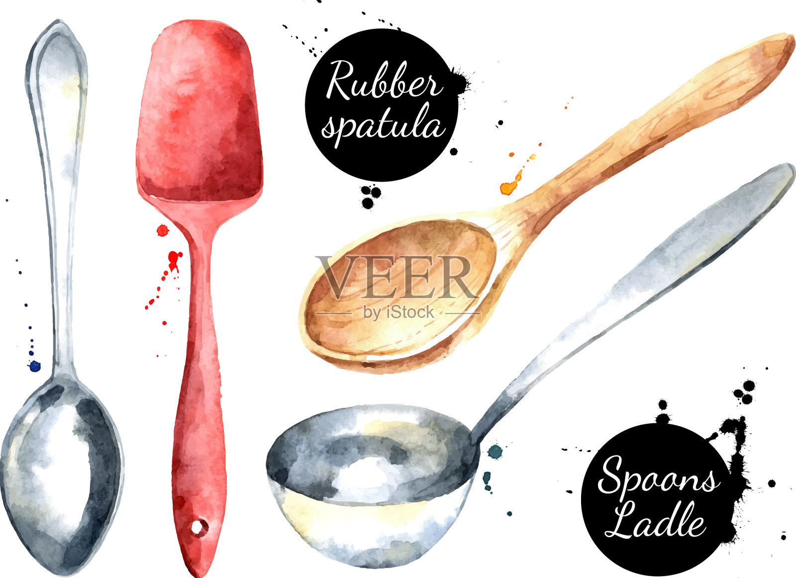 水彩厨房用具画孤立的盘子设计元素图片