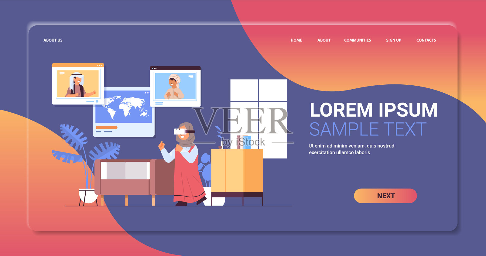 阿拉伯女学生戴着虚拟现实头盔阿拉伯语插画图片素材